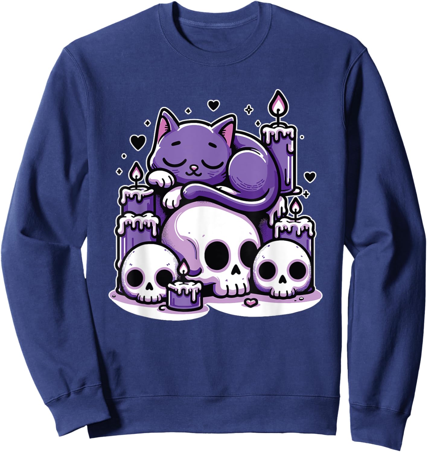 Kawaii Pastel Goth Cute Creepy Cat Candles Skeleton Men Women Girls Kids Sweatshirt - Sweatshirt | Navy