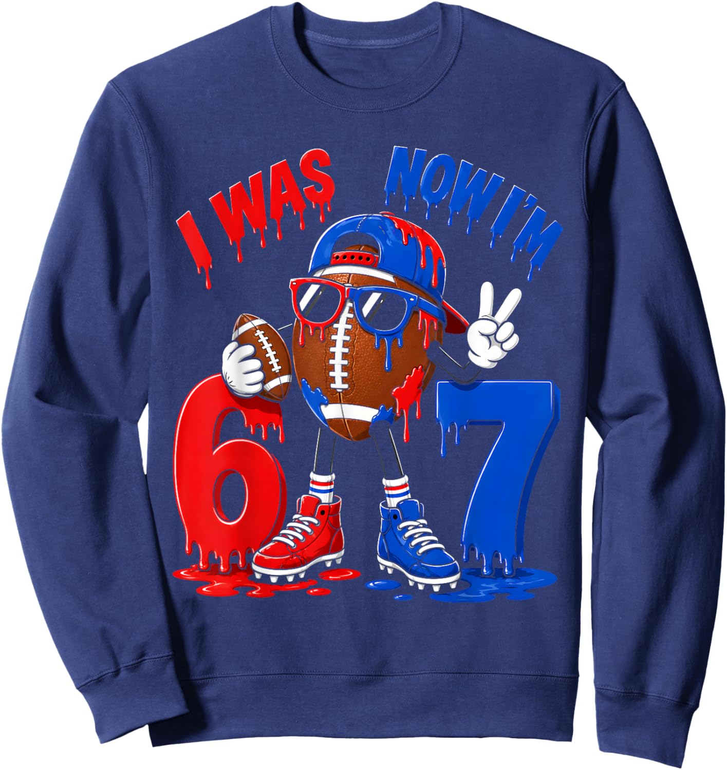 7th Birthday Boy Football Ice Cream Drip 7 Year Old Party Sweatshirt - Sweatshirt | Navy