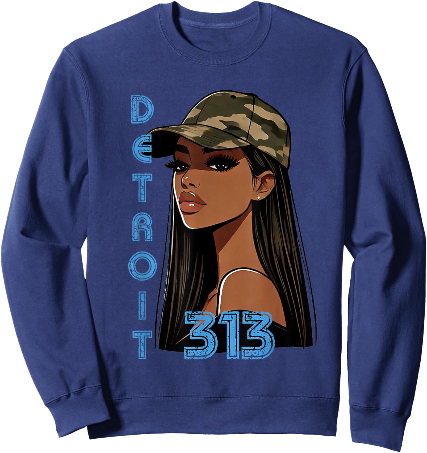 Detroit 313 Black Woman Camo Hat Hometown Sweatshirt - Sweatshirt | Navy
