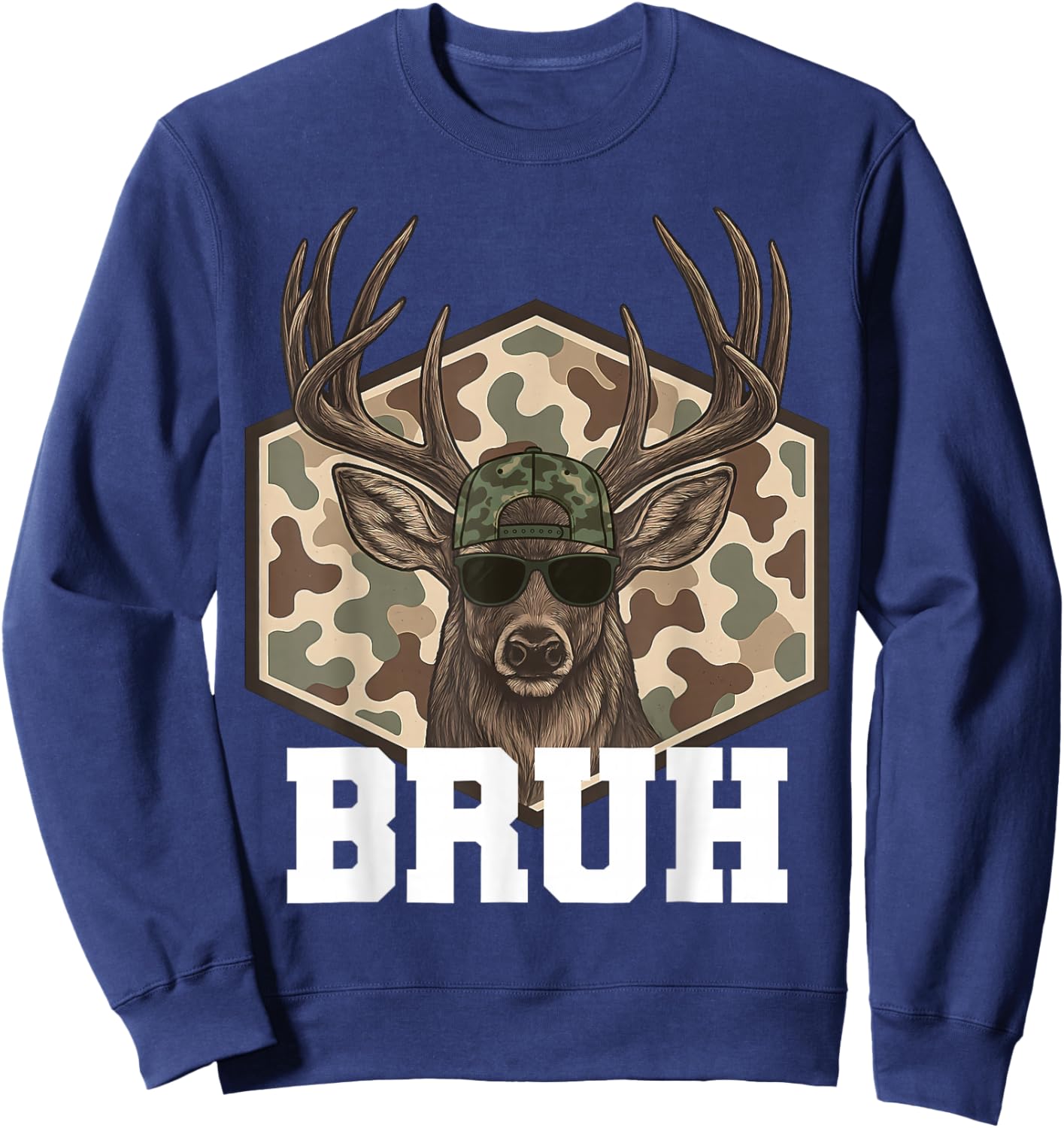 Bruh Deer Funny Deer Hunting Camo Hat Youth Teens Kids Slang Sweatshirt - Sweatshirt | Navy
