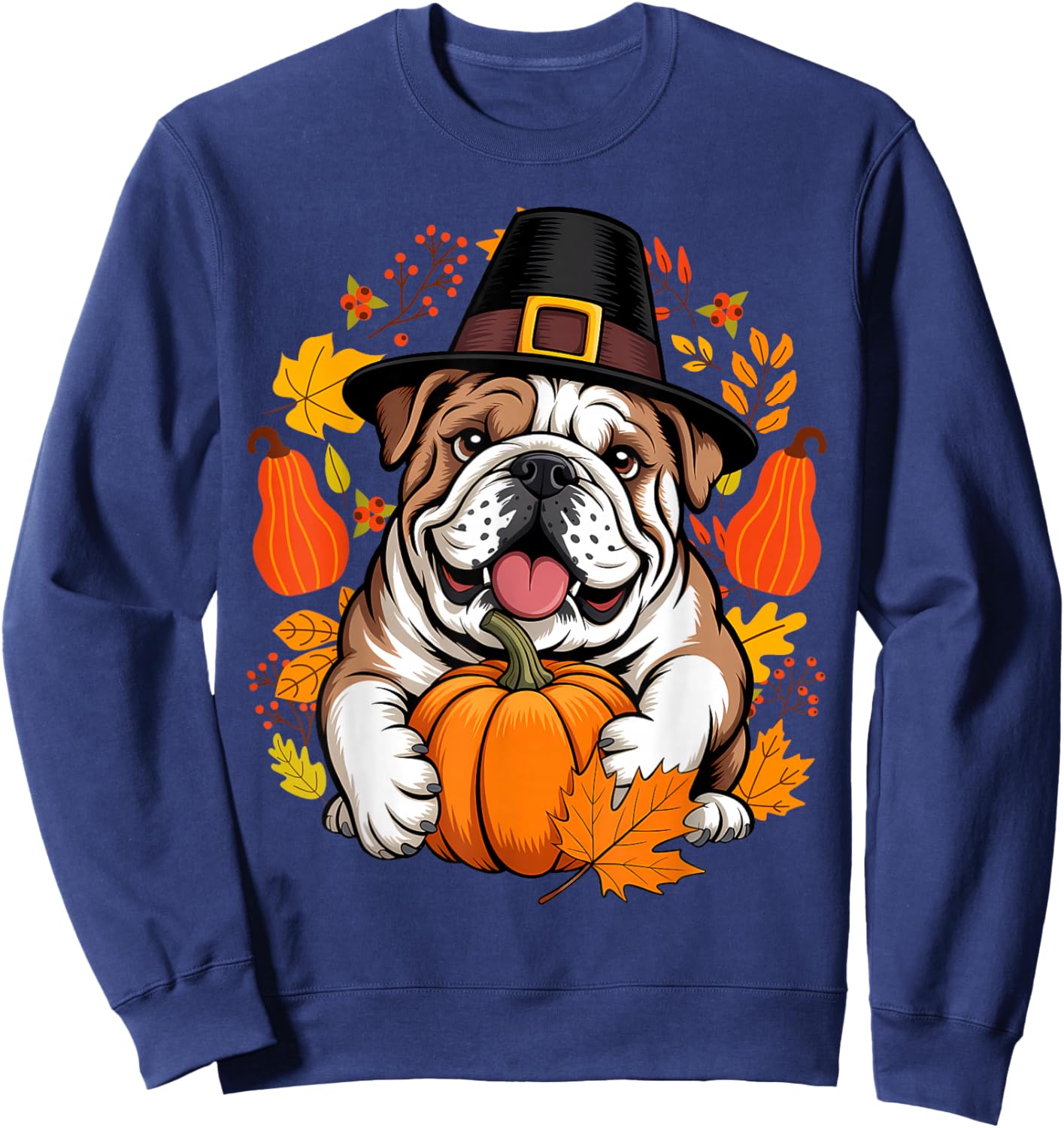 English Bulldog Pumpkin Leaf Thanksgiving Fall Halloween Dog Sweatshirt - Sweatshirt | Navy