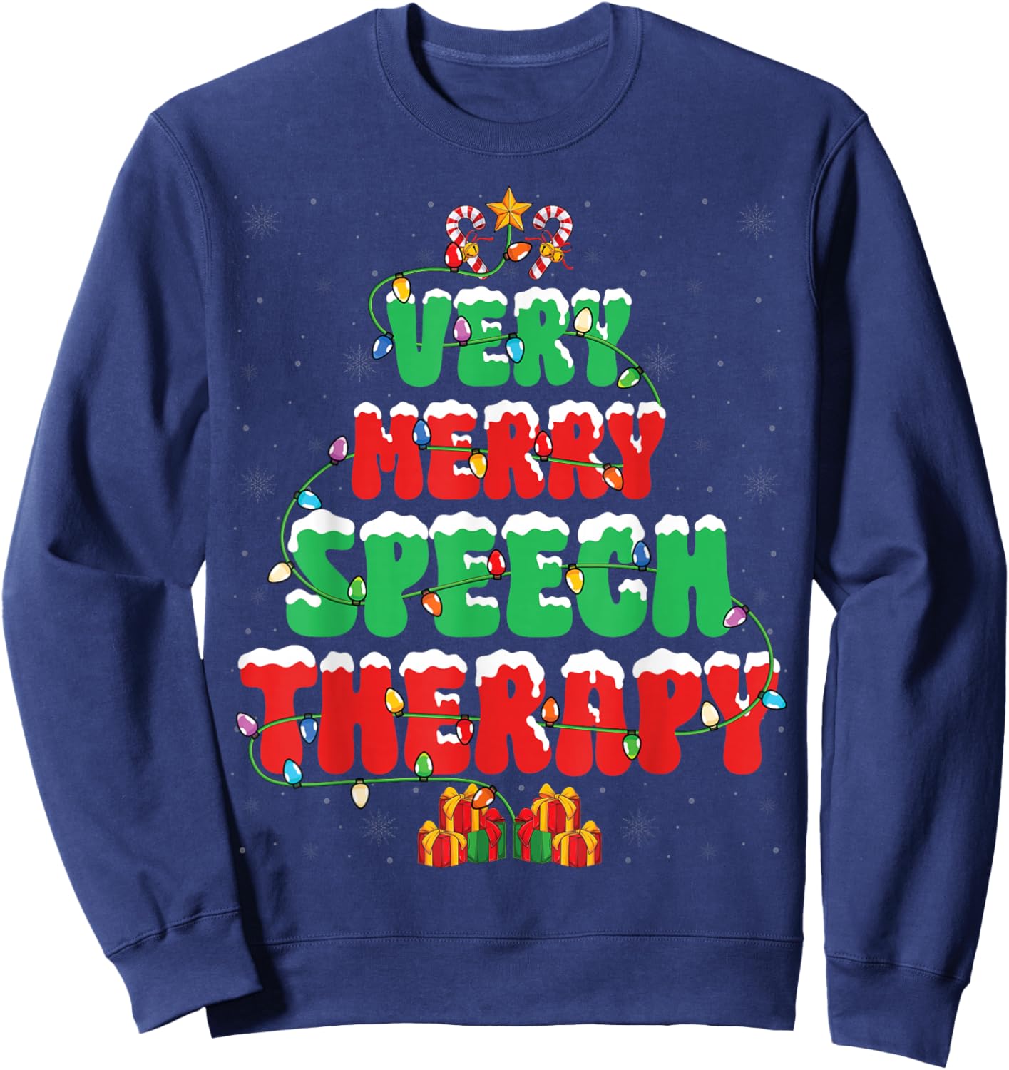Very Merry Speech Therapy Christmas Tree Xmas Lights SLP Sweatshirt - Sweatshirt | Navy