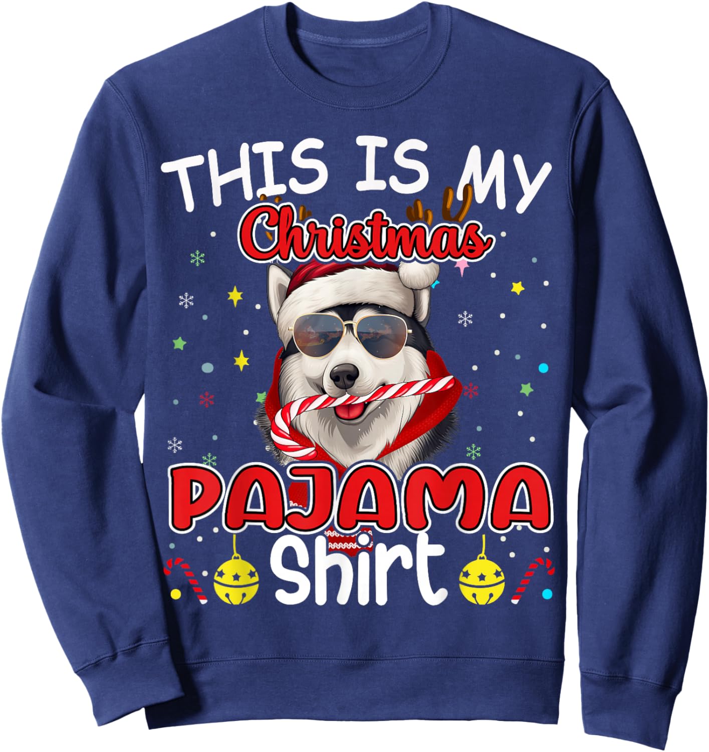 Siberian Husky Christmas Pajama Reindeer Men Women Boys Xmas Sweatshirt - Sweatshirt | Navy