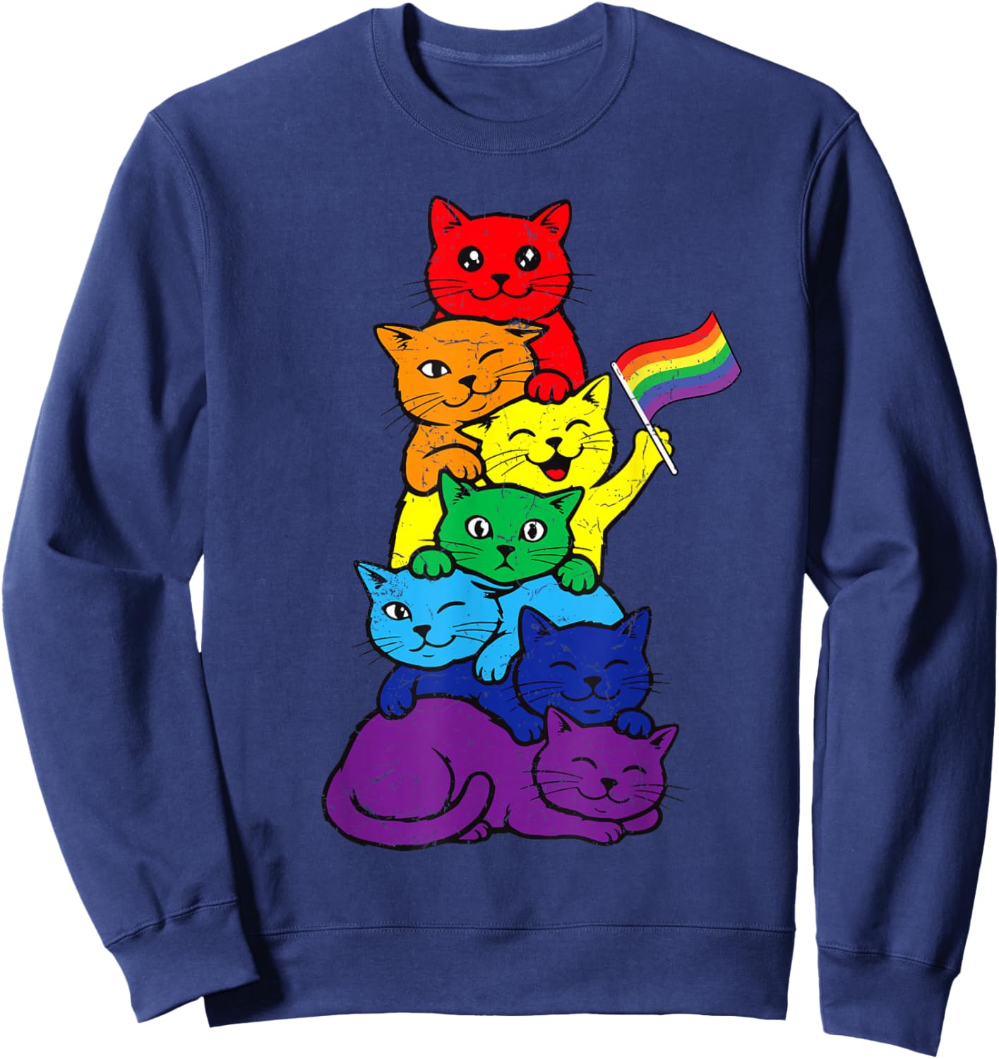 Cat Stack Rainbow Lesbian Gay Pride Ally LGBT Men Women Kids Sweatshirt - Sweatshirt | Navy