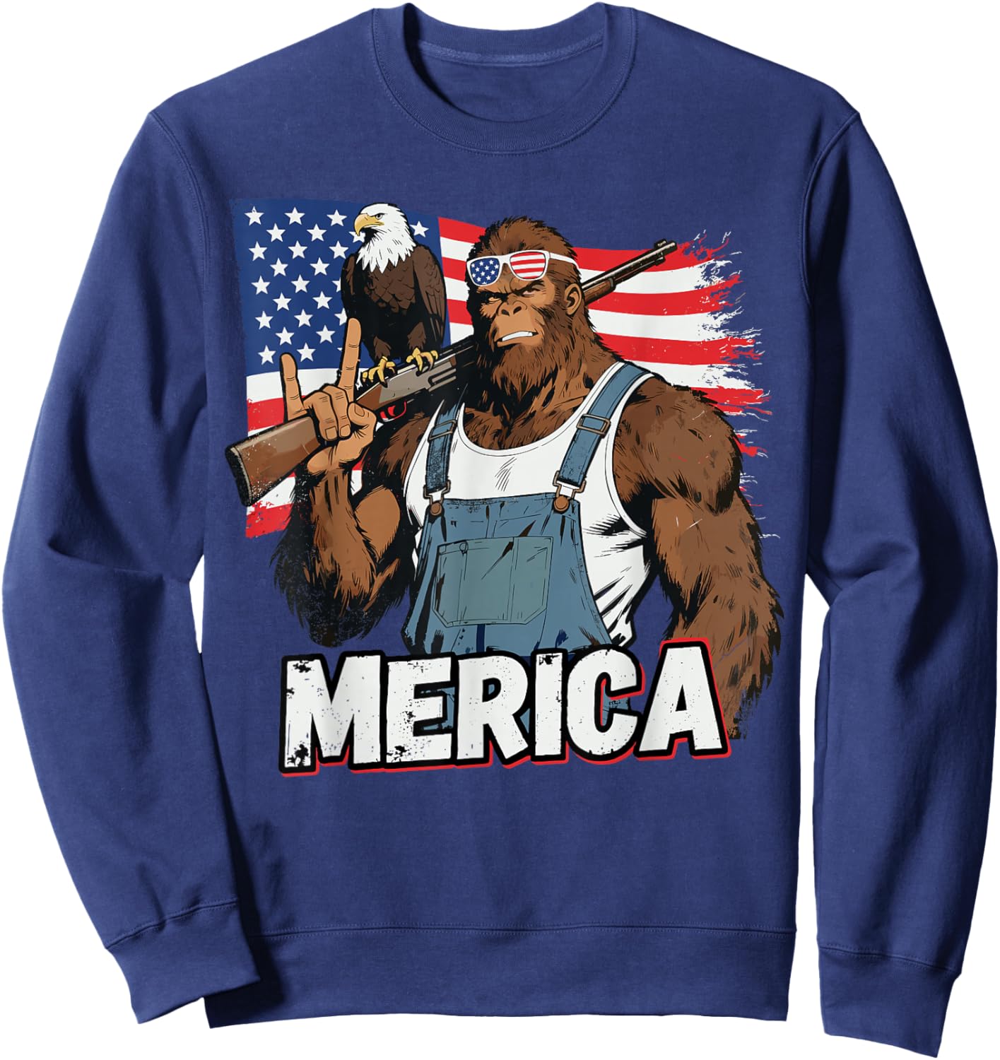 Bigfoot Merica Rock USA Flag Patriotic Sasquatch 4th of July Sweatshirt - Sweatshirt | Navy
