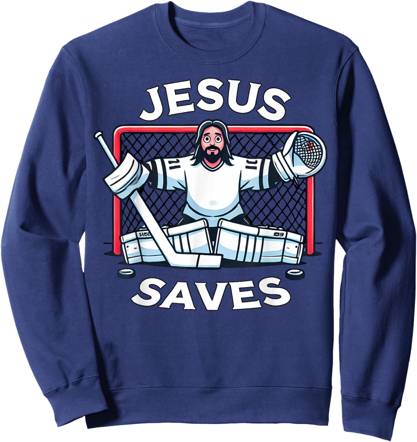 Funny Hockey Jesus Saves Goalie Sports Humor Sweatshirt - Sweatshirt | Navy