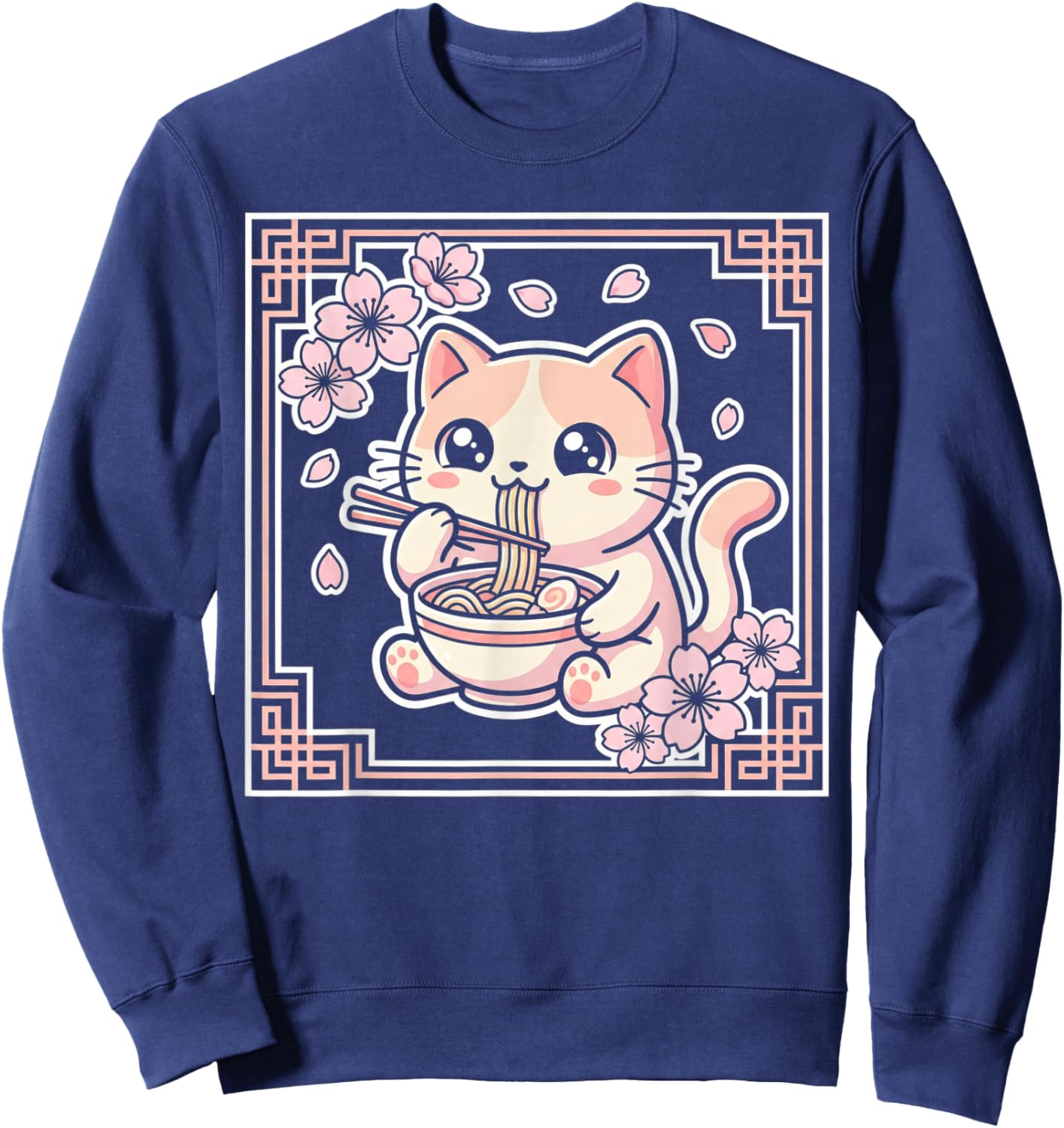 Kawaii Cat Ramen Anime Japanese Cherry Blossom Women Girls Sweatshirt - Sweatshirt | Navy