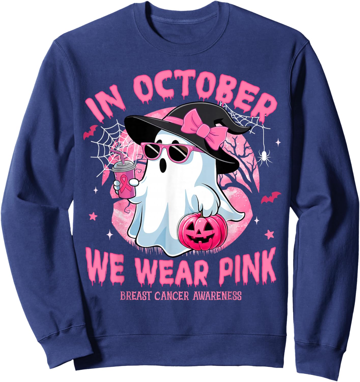 Halloween in October We Wear Pink Breast Cancer Awareness Sweatshirt - Sweatshirt | Navy