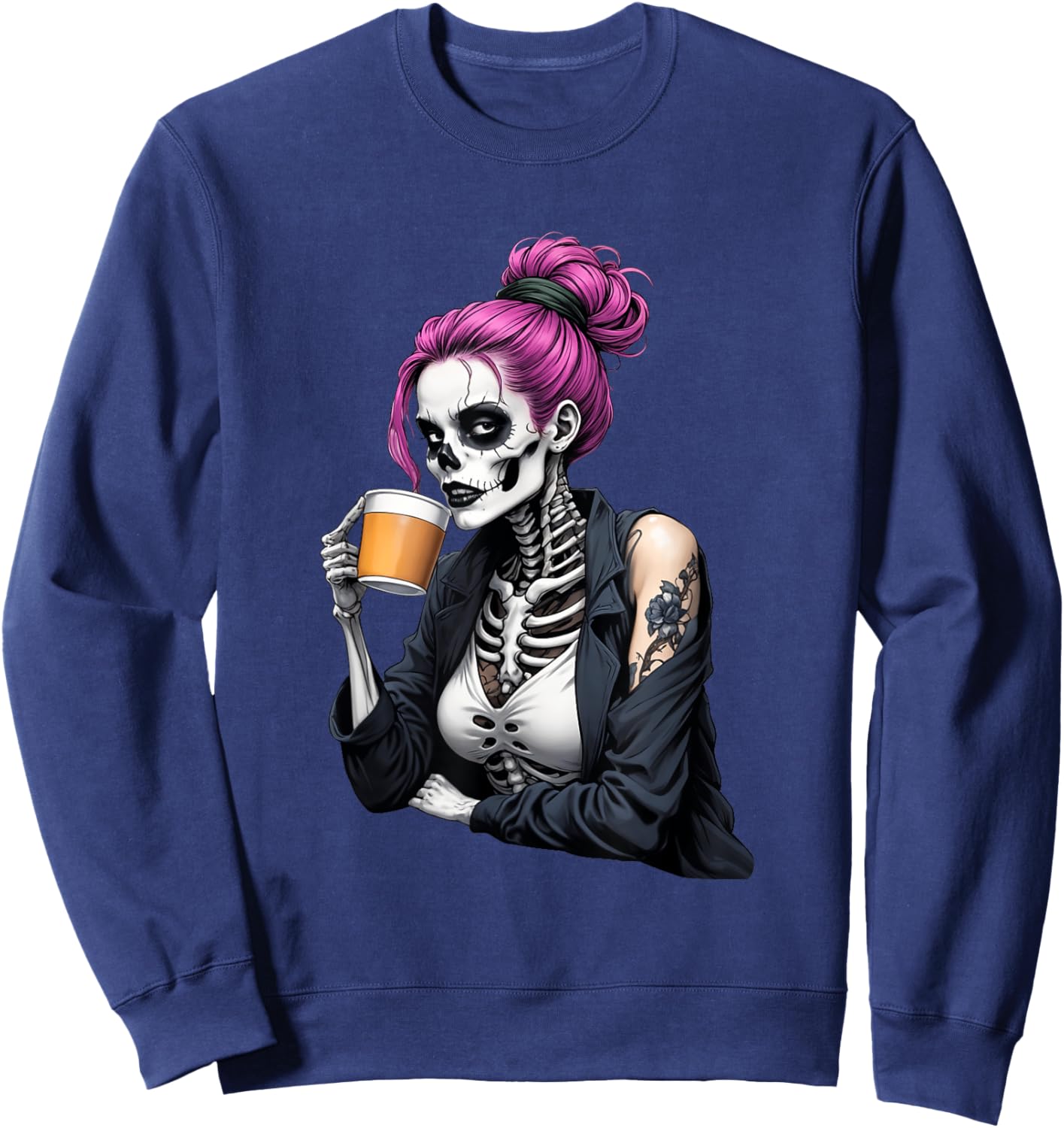 Spooky Halloween Skeleton Messy Bun Drinking Coffee Women Sweatshirt - Sweatshirt | Navy