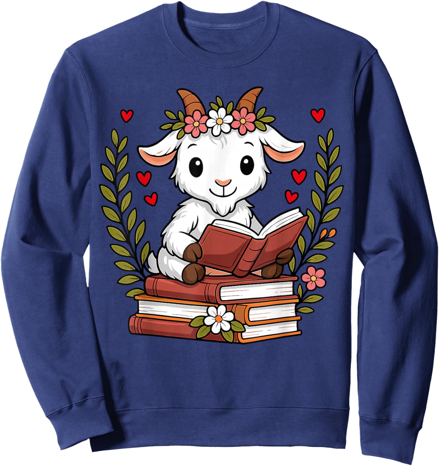 Goat Reading Book Graphic Goat with Book Floral Sweatshirt - Sweatshirt | Navy