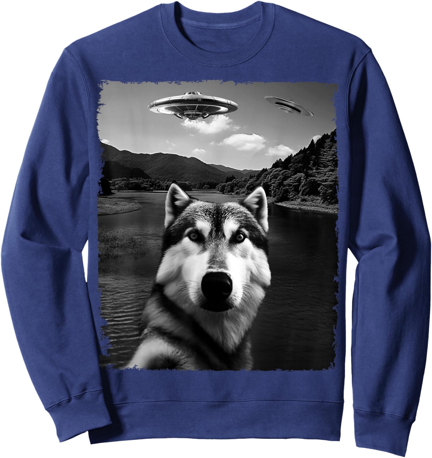 Dog Husky Selfie with Alien and Ufo Women Kids Sweatshirt - Sweatshirt | Navy
