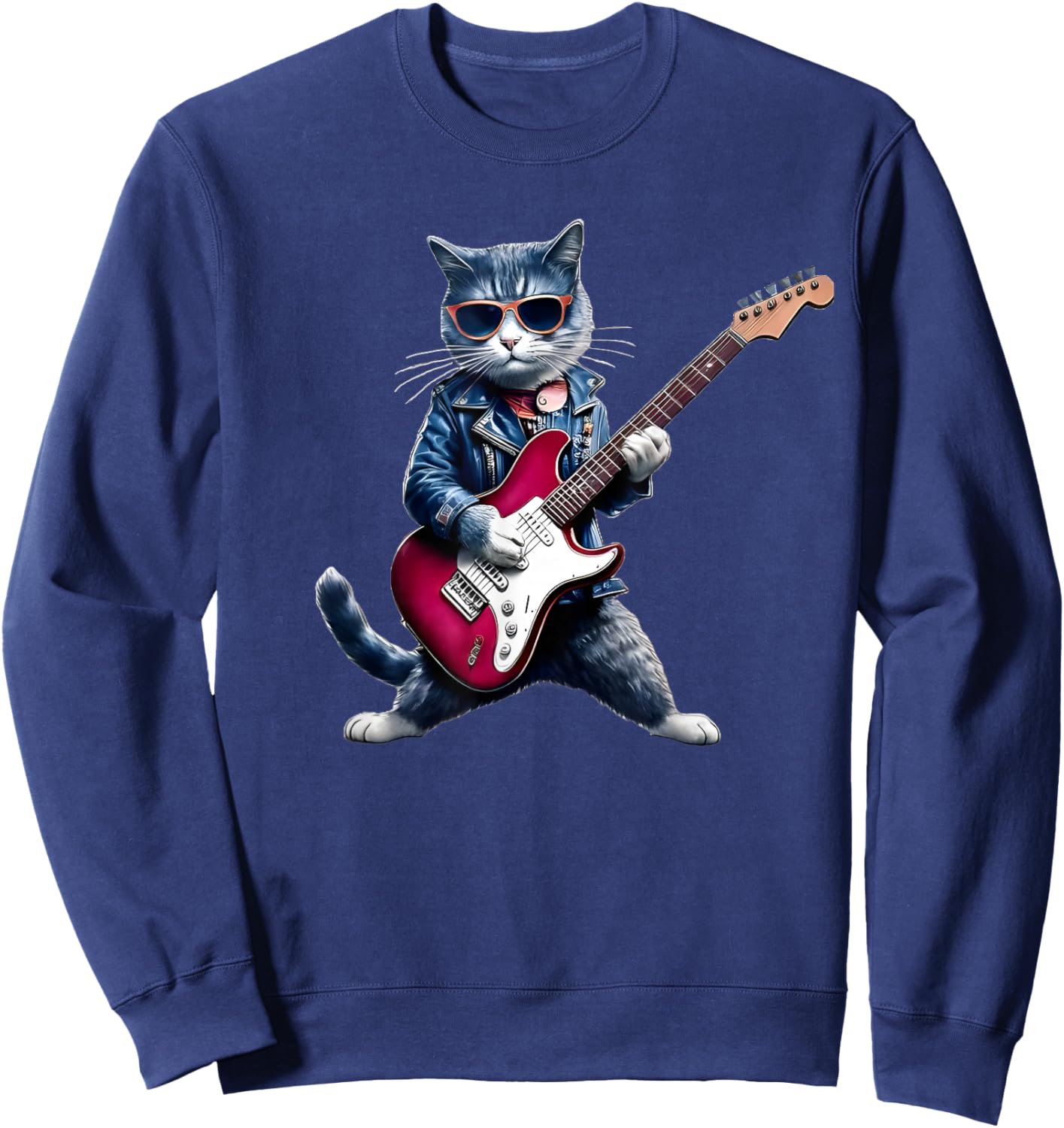 Rock Cat Playing Guitar - Funny Guitar Cat Sweatshirt - Sweatshirt | Navy