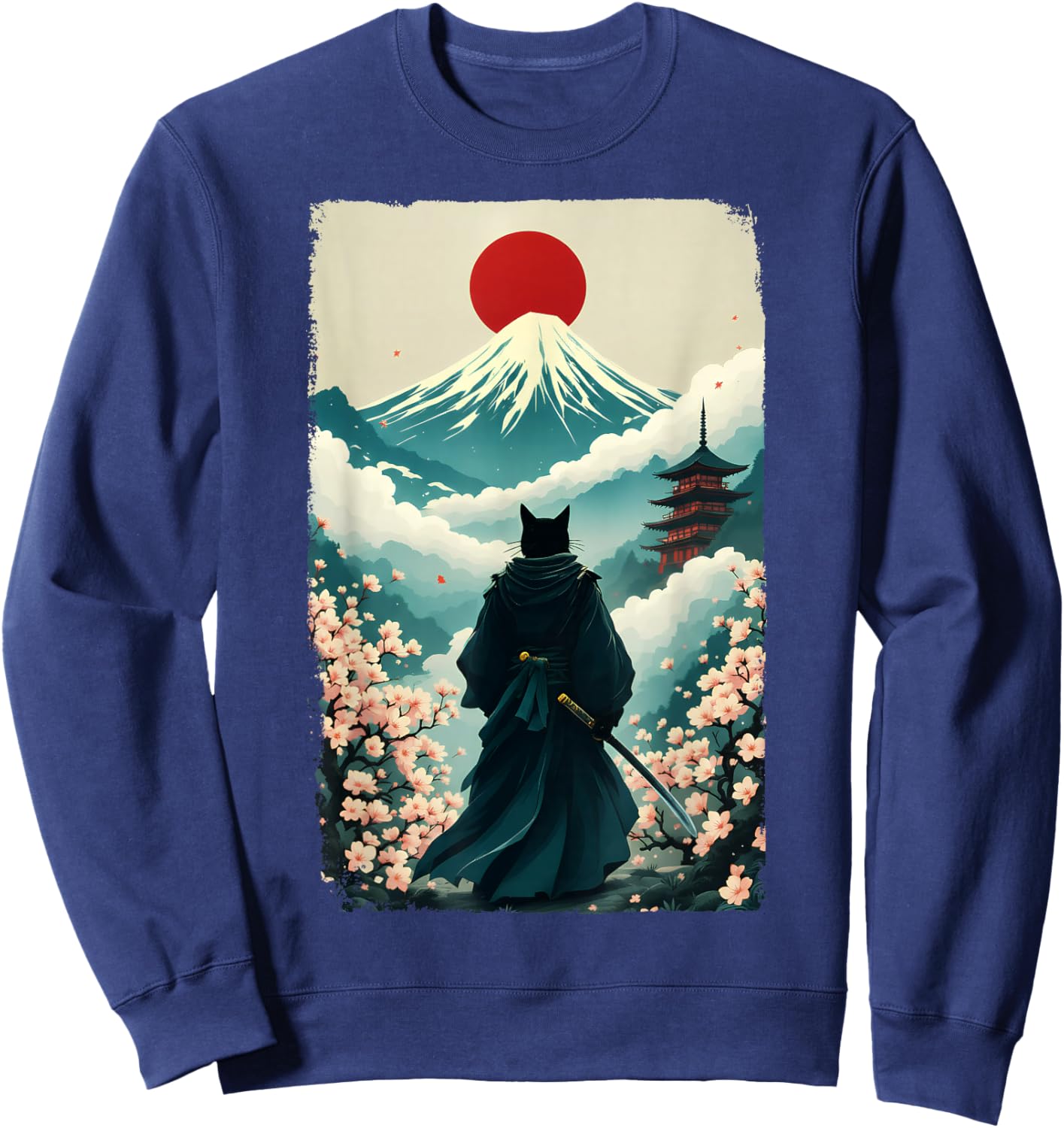 Samurai Cat Warrior Fuji Mount Vintage Japanese Art Graphic Sweatshirt - Sweatshirt | Navy