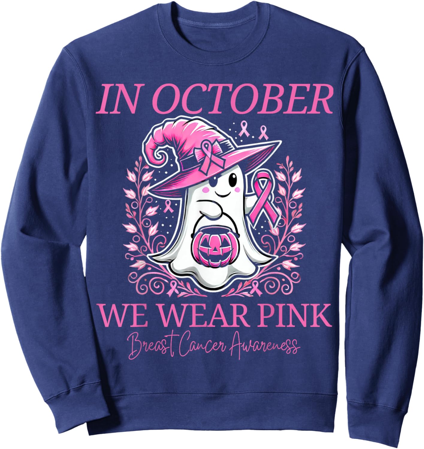 Pink Ghost October Breast Cancer Awareness Halloween Sweatshirt - Sweatshirt | Navy
