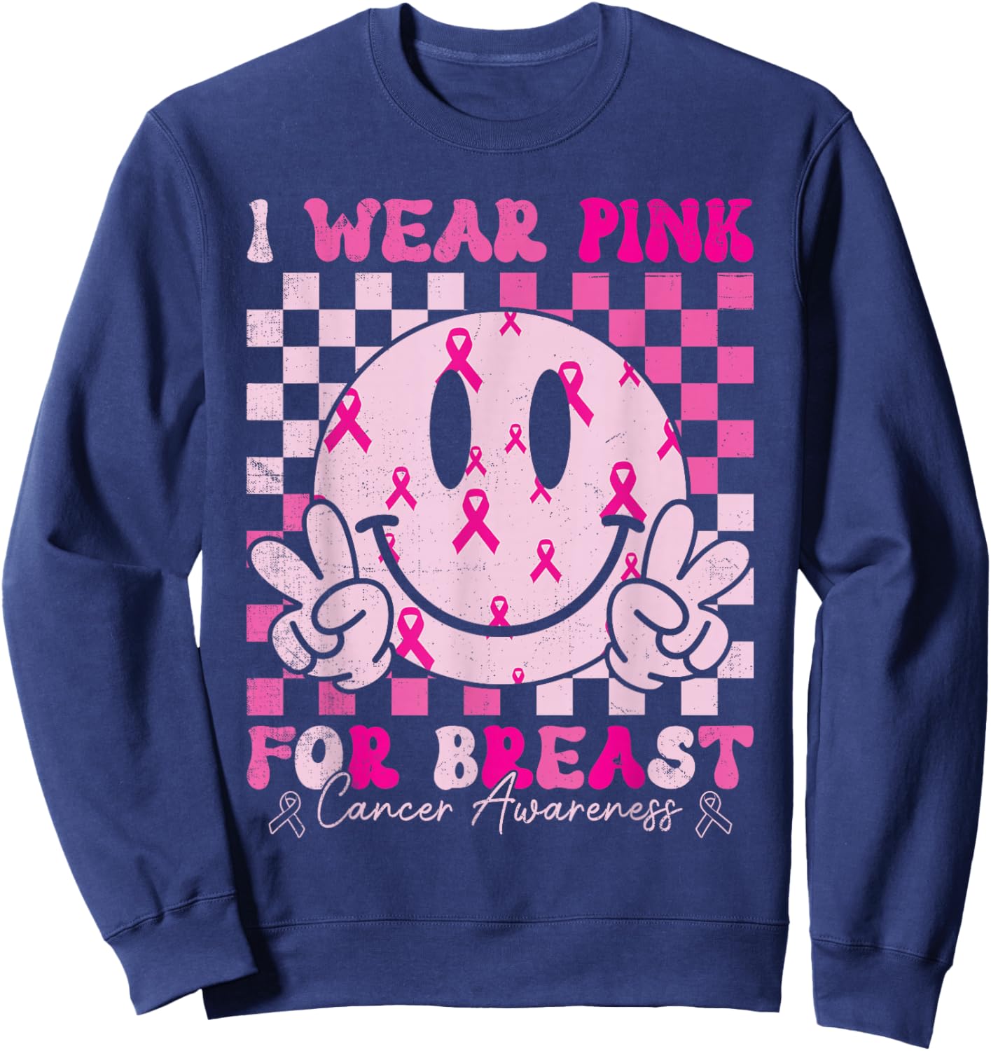 Retro I Wear Pink for Breast Cancer Awareness Pink Ribbon Sweatshirt - Sweatshirt | Navy