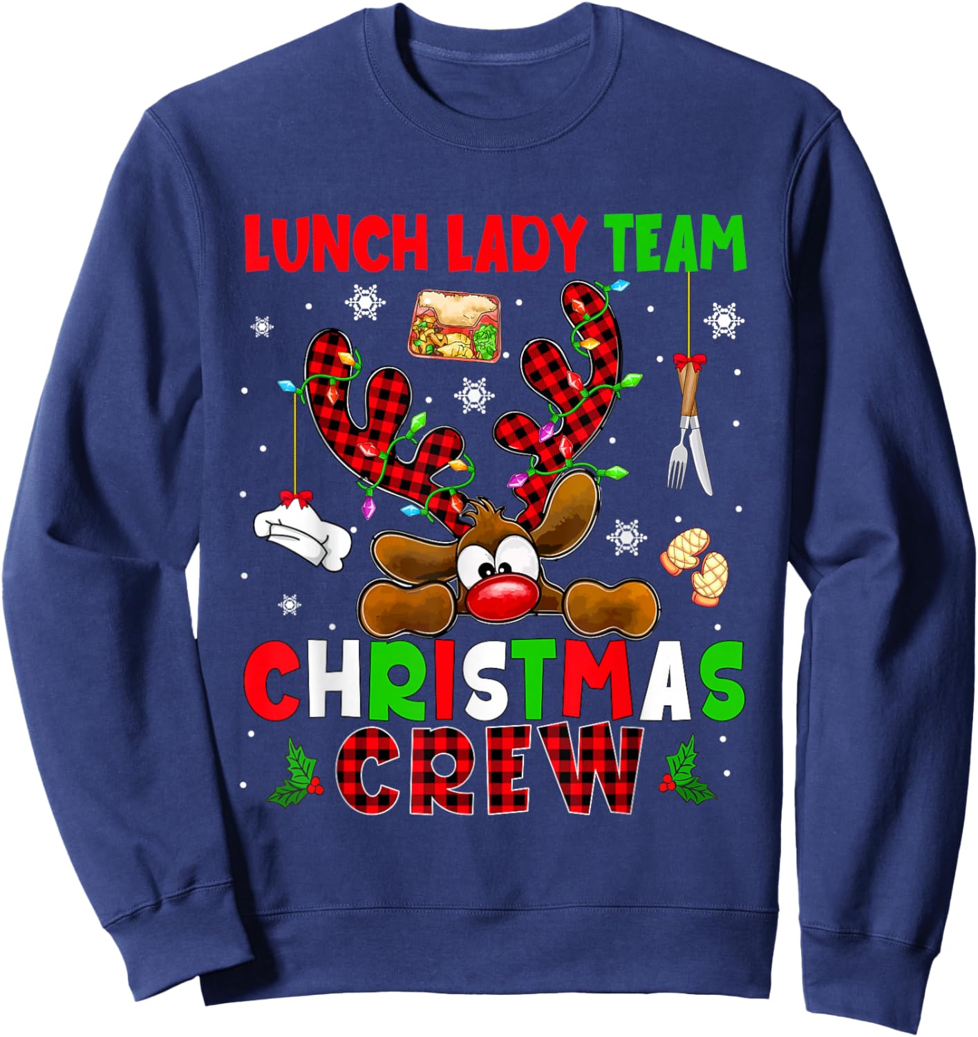 Lunch Lady Team Christmas Crew Proud Job Colorful Reindeer Sweatshirt - Sweatshirt | Navy