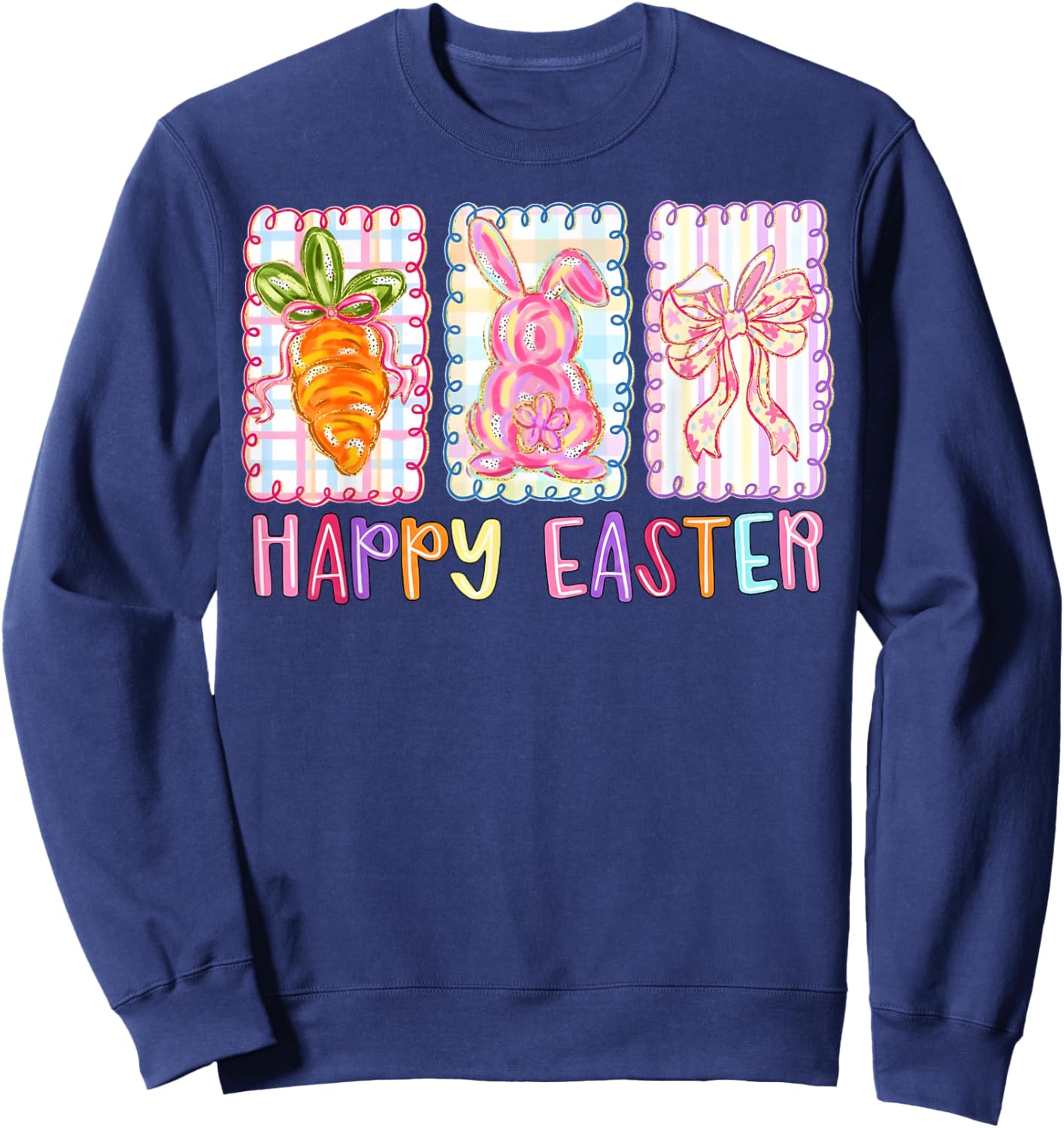 Happy Easter Brushstroke Bunny Carrot Coquette Bow Girl Kid Sweatshirt - Sweatshirt | Navy