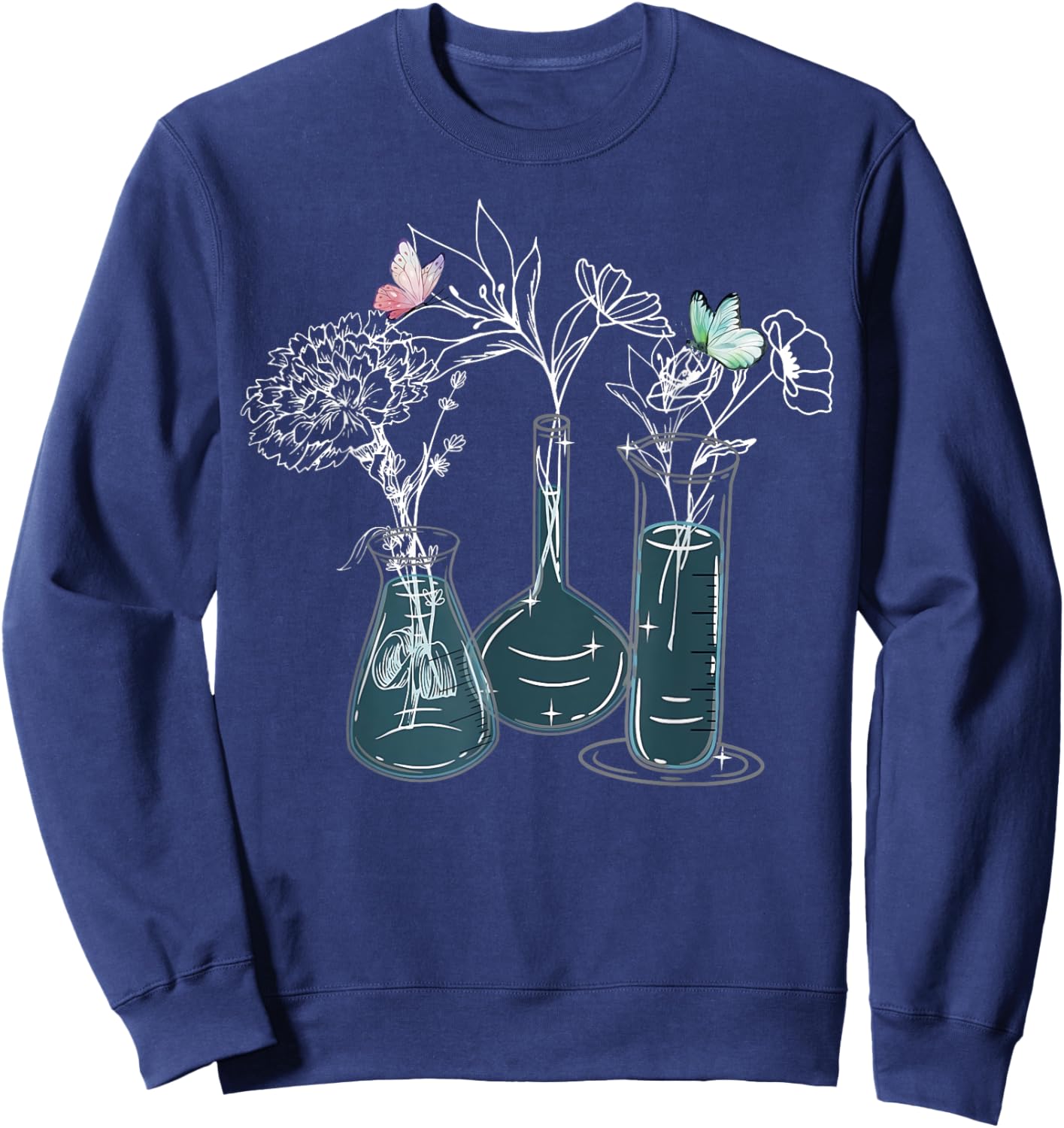 Science Laboratory Floral Flask Butterfly Biology Teacher Sweatshirt - Sweatshirt | Navy