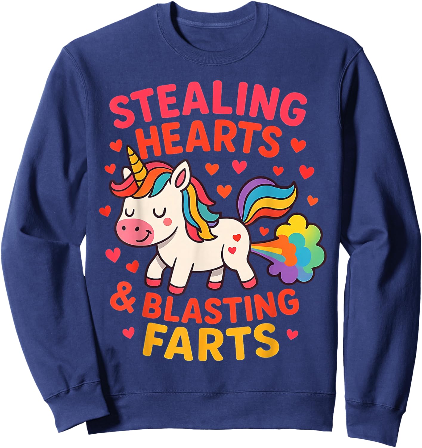 Funny Cute Unicorn Stealing Hearts Blasting Farts Design Sweatshirt - Sweatshirt | Navy