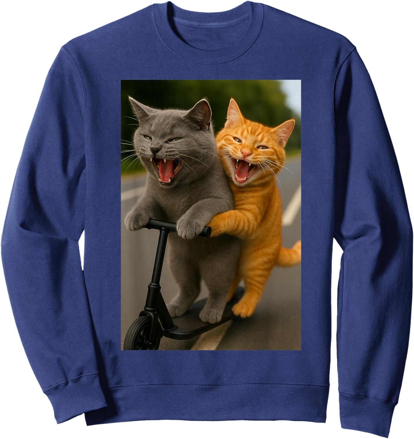 Funny Two Cats Riding Scooter with Big Laughter Sweatshirt - Sweatshirt | Navy
