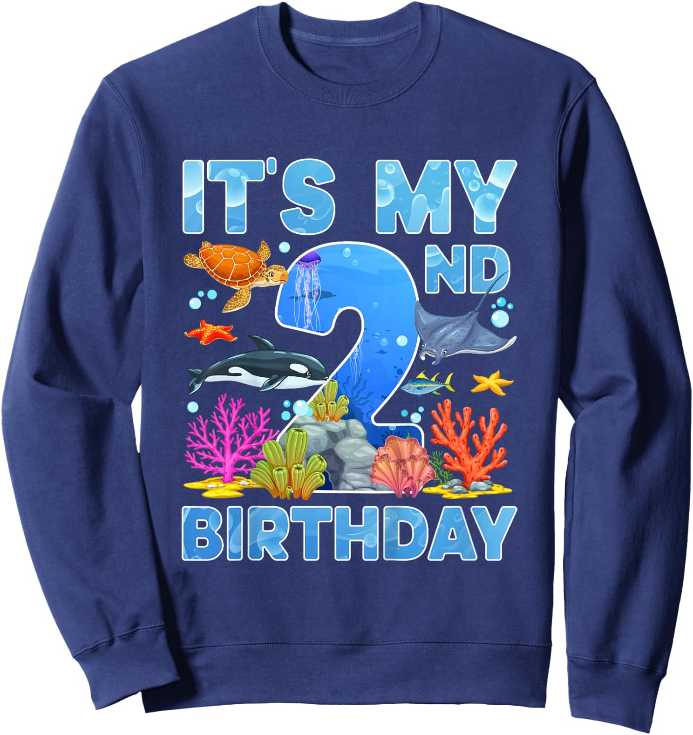2nd Ocean Birthday Party Two Year Old Sea Animals Sweatshirt - Sweatshirt | Navy