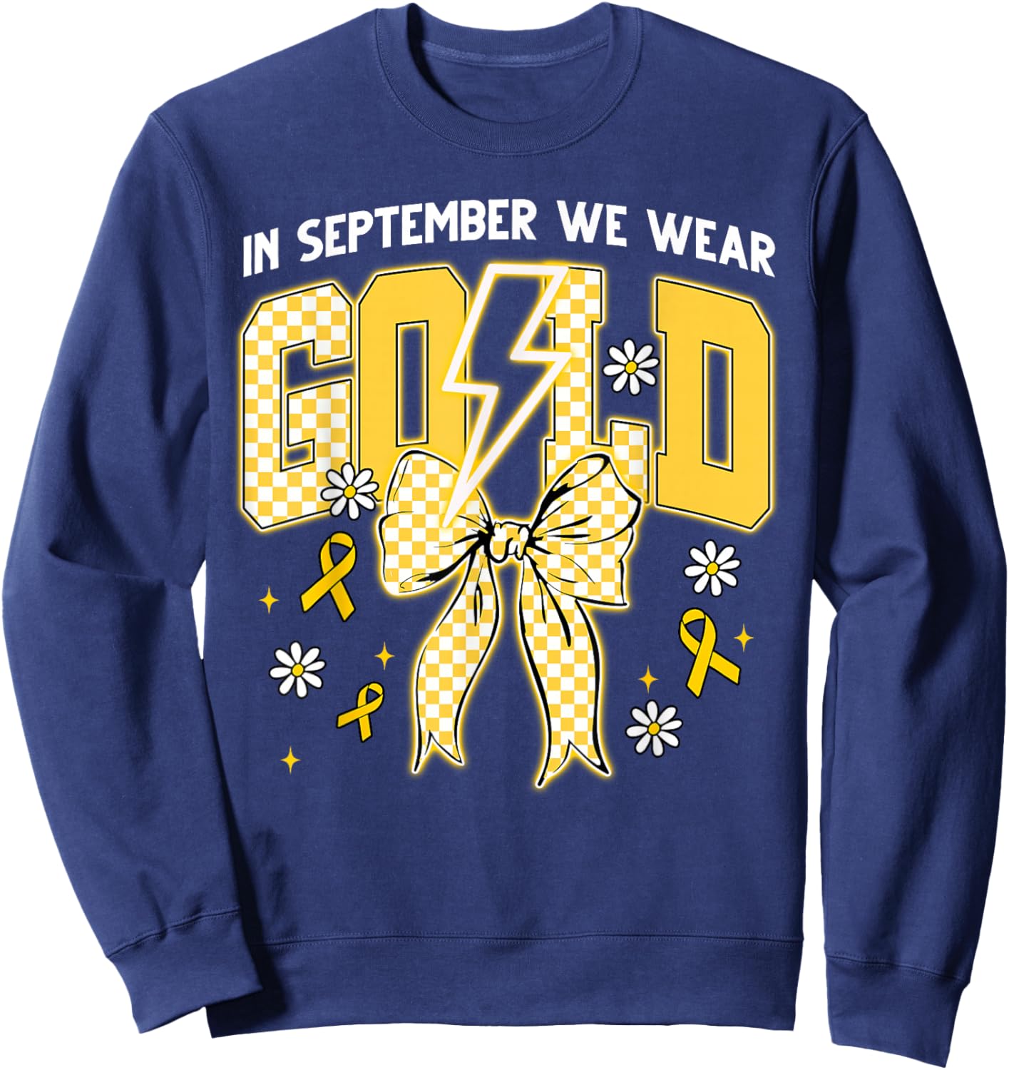 September We Wear Gold Coquette Bow Childhood Cancer Support Sweatshirt - Sweatshirt | Navy
