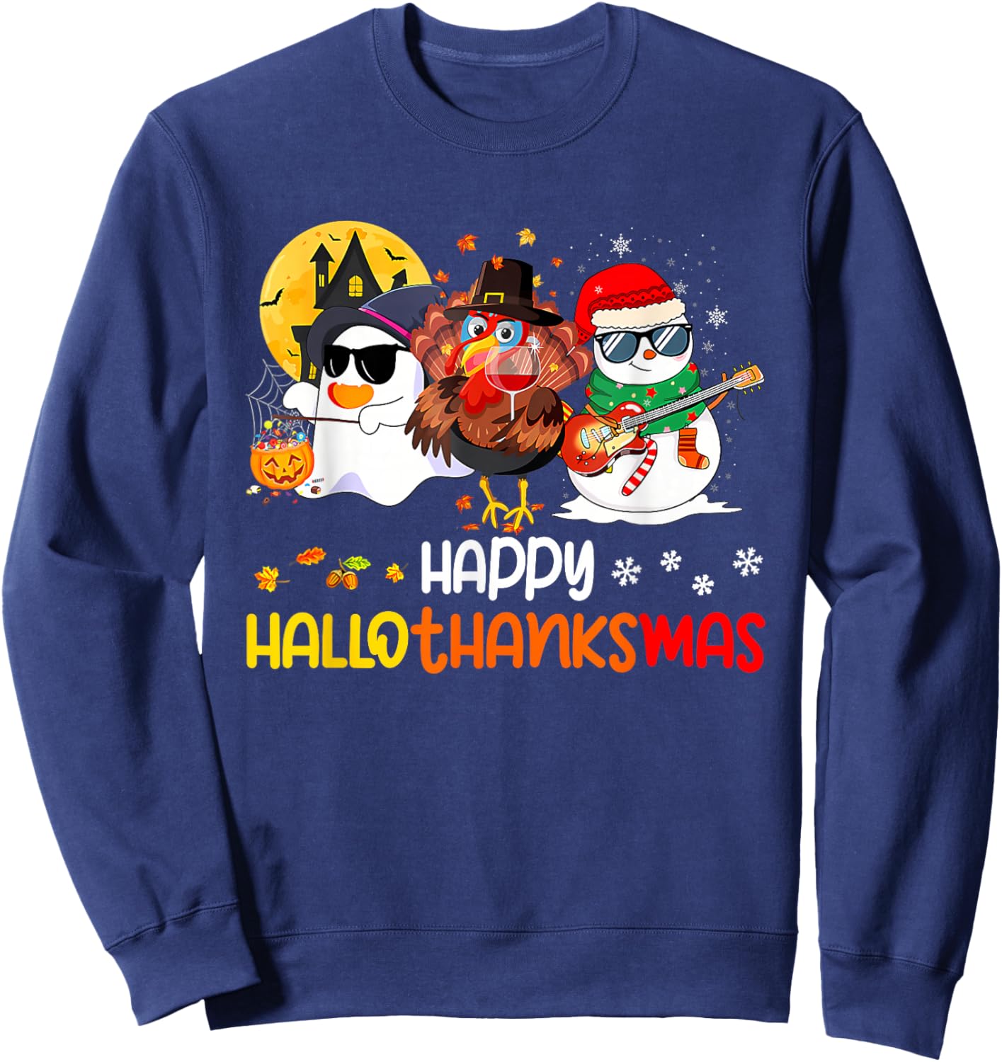 Happy Hallothanksmas Cute Ghost Halloween Thanksgiving Xmas Sweatshirt - Sweatshirt | Navy