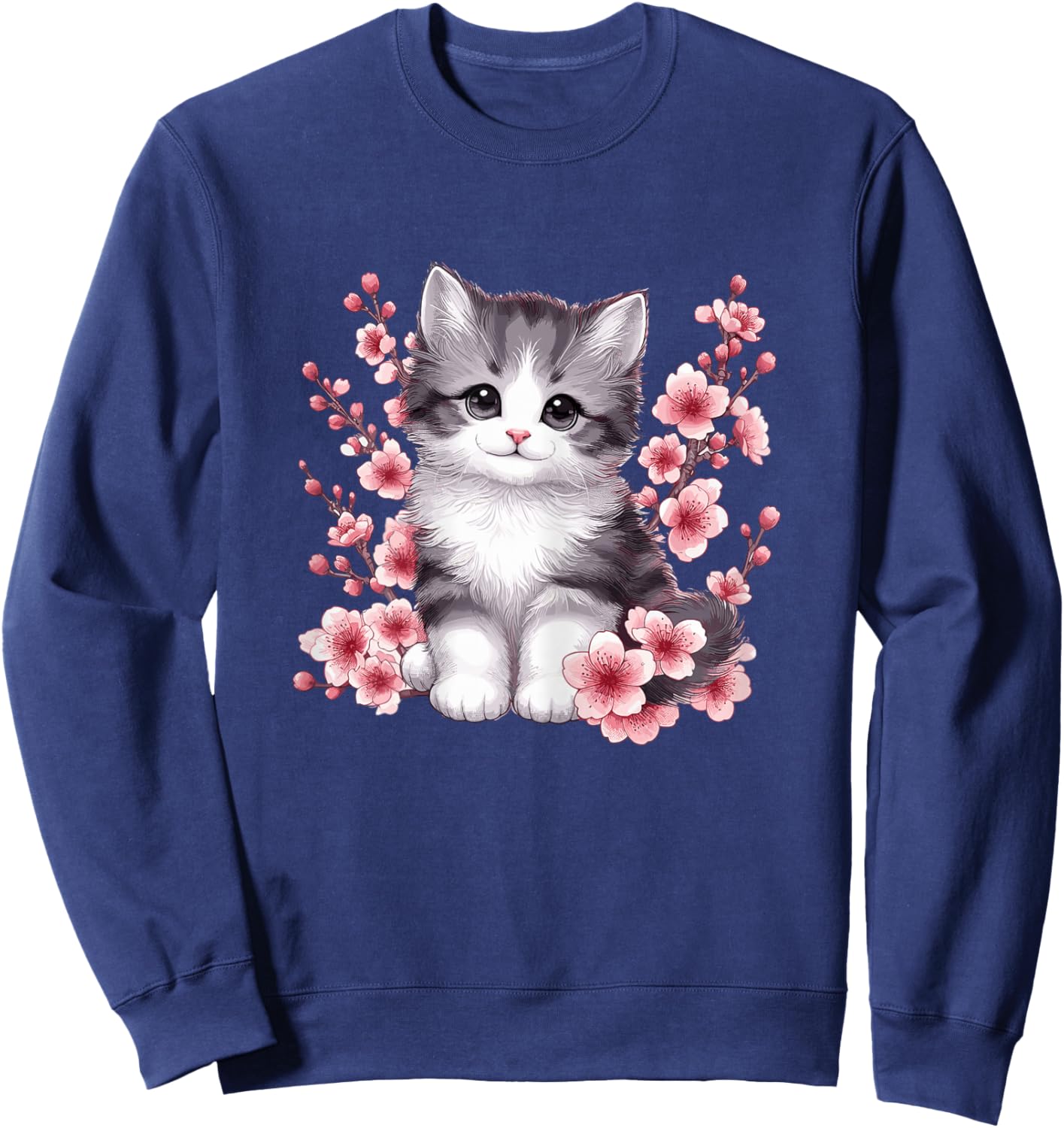 Cat with Cherry Blossoms Cute Cat Sweatshirt - Sweatshirt | Navy