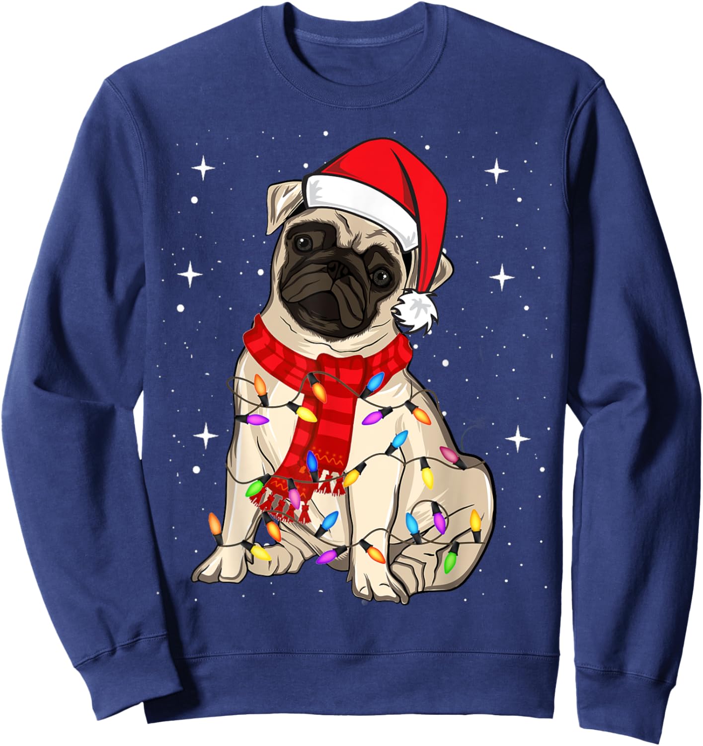 Pug Dogs Christmas Light Santa Hat Puggy Lover Xmas Sweatshirt - Sweatshirt | Navy