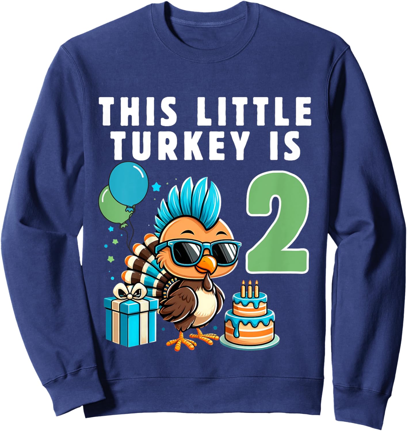 Kids This Little Turkey is 2, Boys 2nd Birthday Kids Thanksgiving Sweatshirt - Sweatshirt | Navy