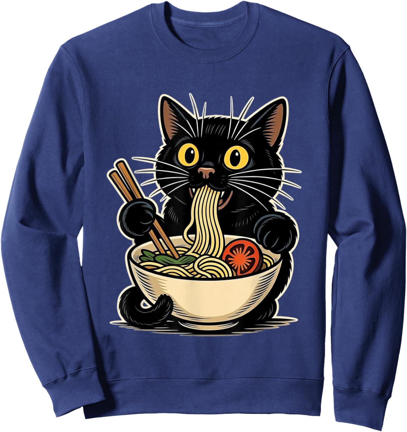 Funny Cat Eating Ramen Vintage Animal Cats Lovers Sweatshirt - Sweatshirt | Navy