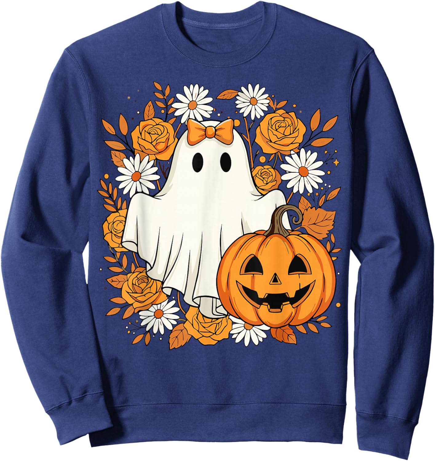 Cute Ghost Pumpkin Floral Halloween Sweatshirt - Sweatshirt | Navy