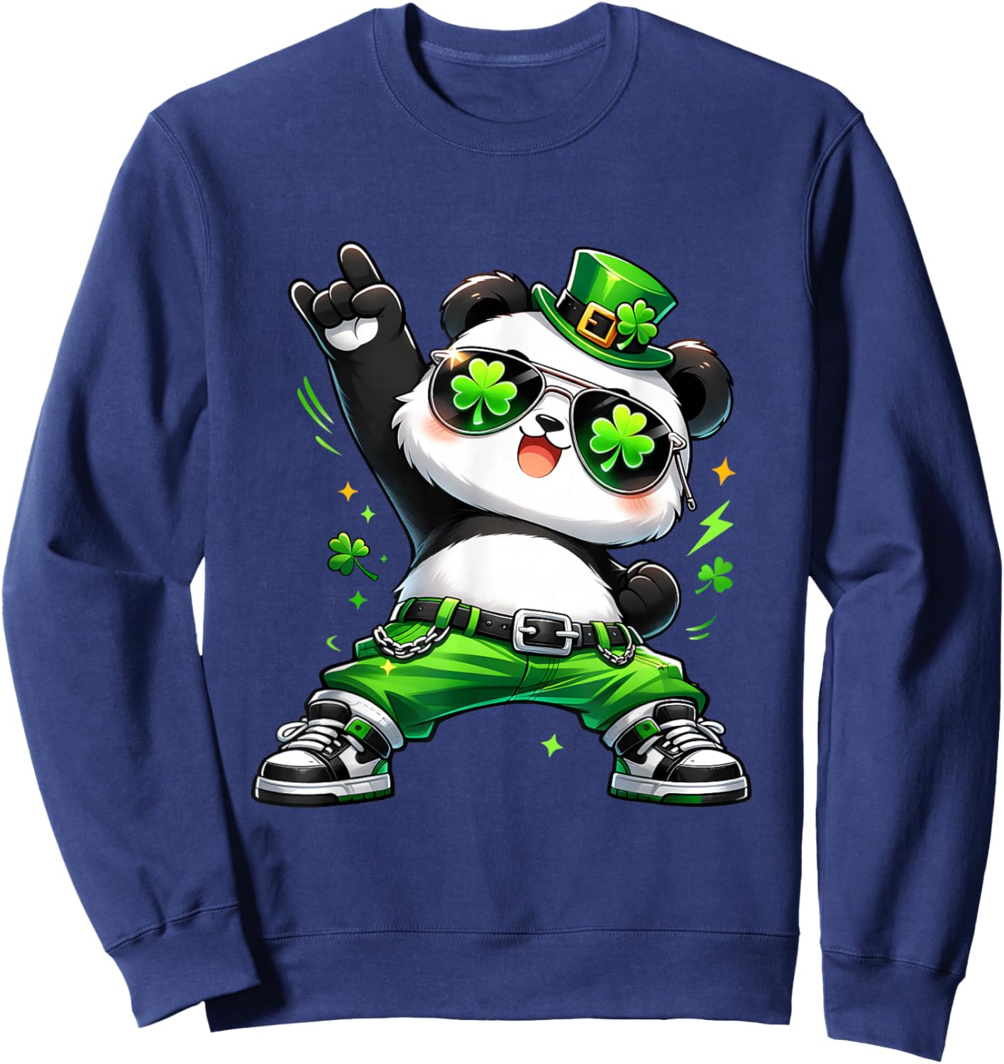 Panda Rocks St Patty's Shamrock St Patrick's Day Dancing Sweatshirt - Sweatshirt | Navy