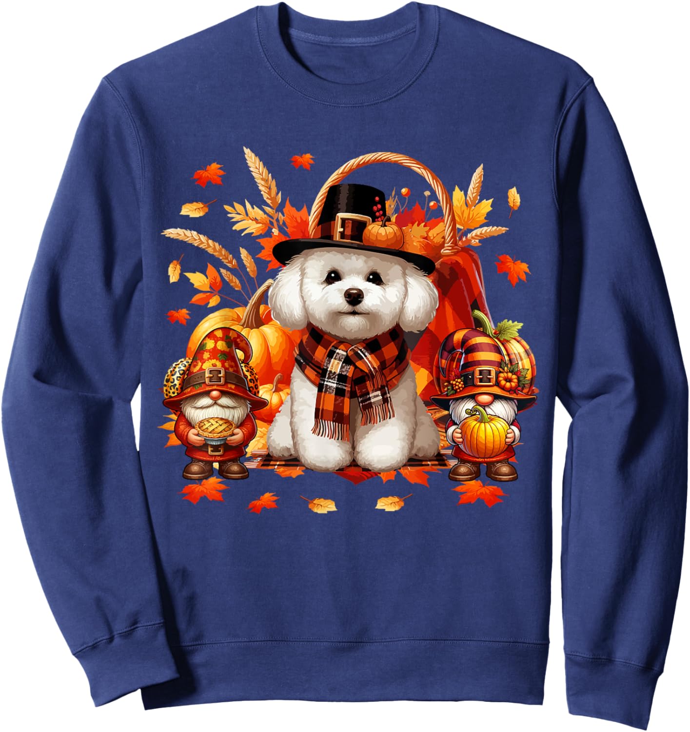 Thanksgiving Bichon Frise With Gnomes Fall Leaves Pumpkins Sweatshirt - Sweatshirt | Navy