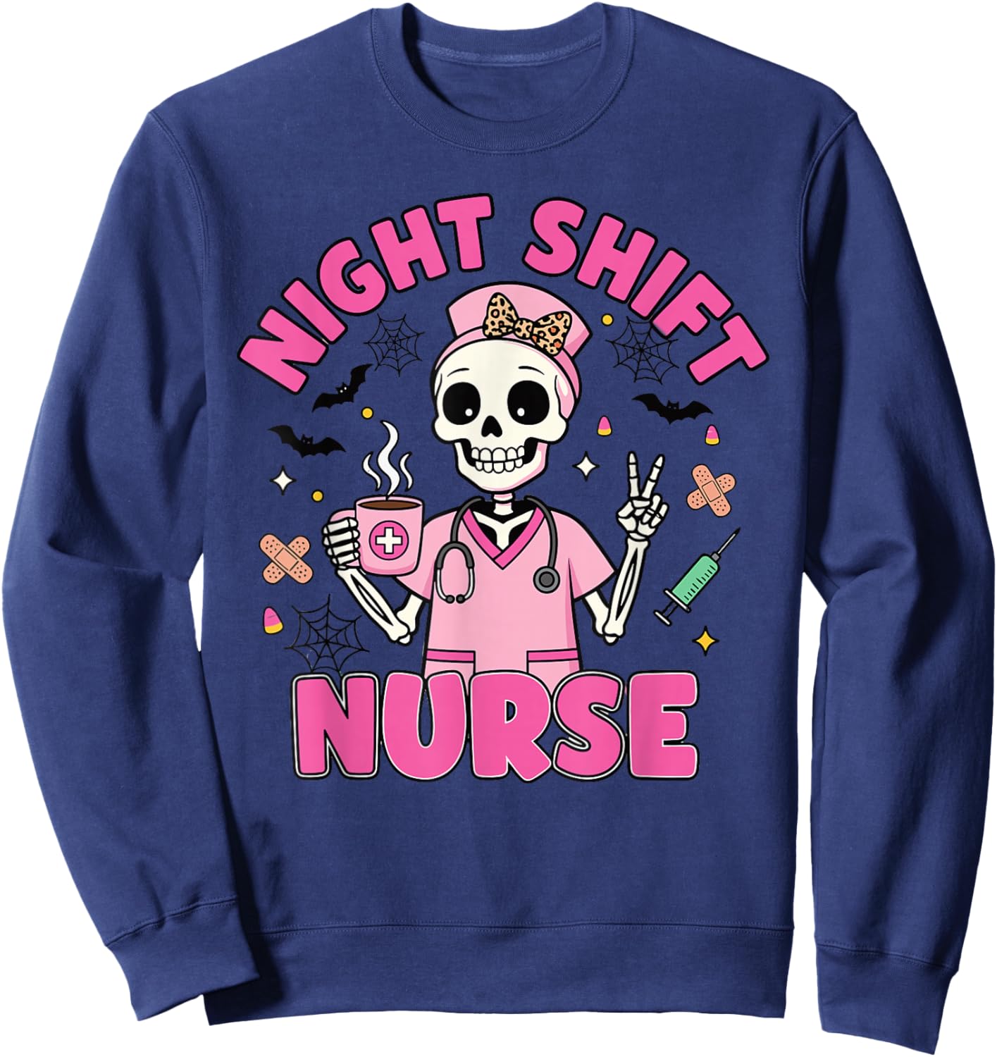 Pink Skeleton Halloween Night Shift Nurse Sweatshirt - Sweatshirt | Navy