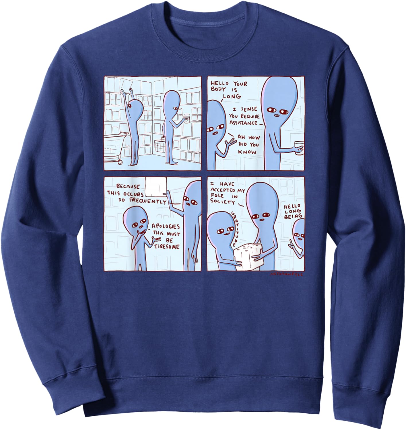 Threadless Nathan W. Pyle Strange Planet Long Being Graphic Sweatshirt - Sweatshirt | Navy