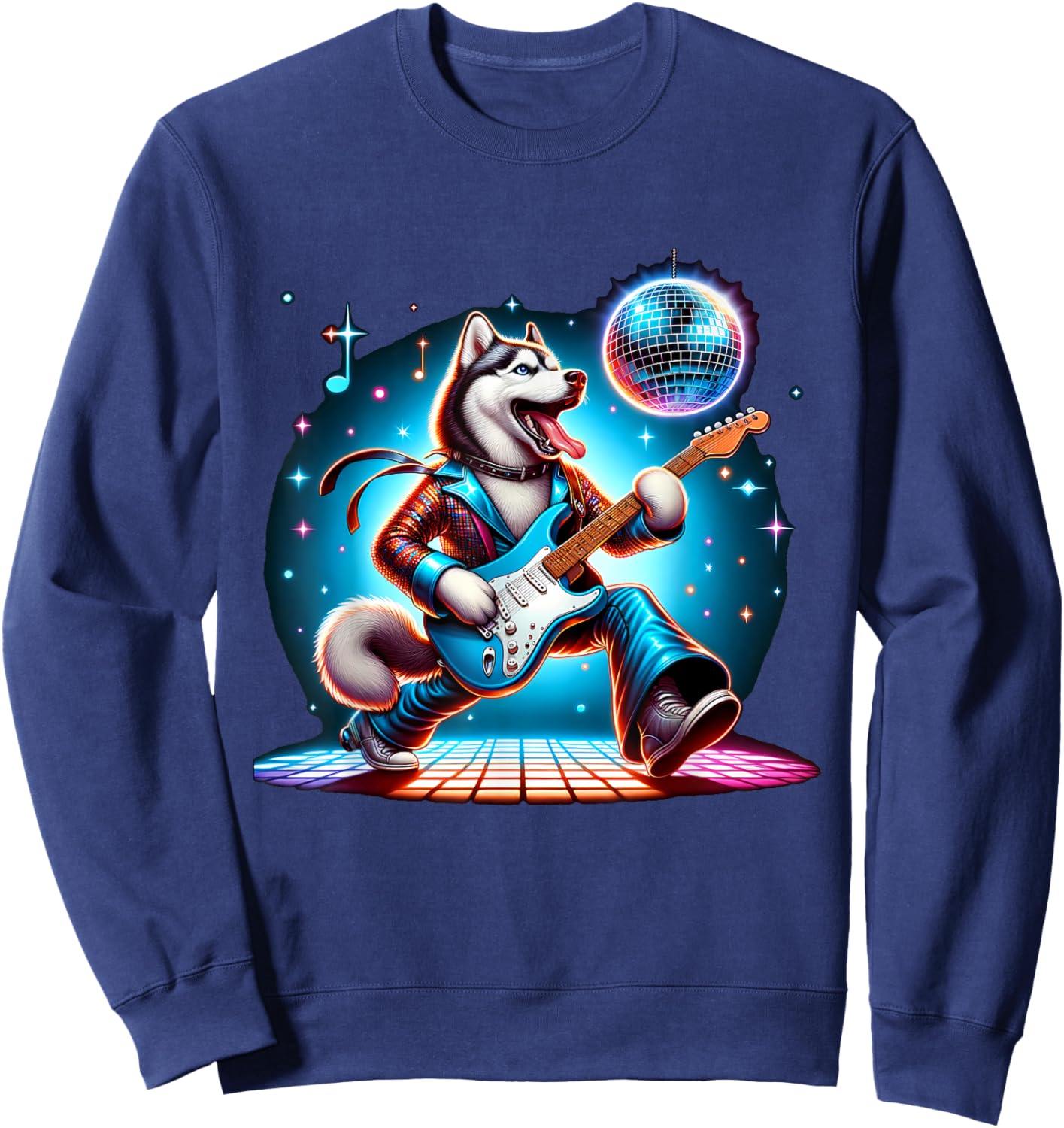 Disco Ball Guitar Husky Dog Men Women Kids Sweatshirt - Sweatshirt | Navy