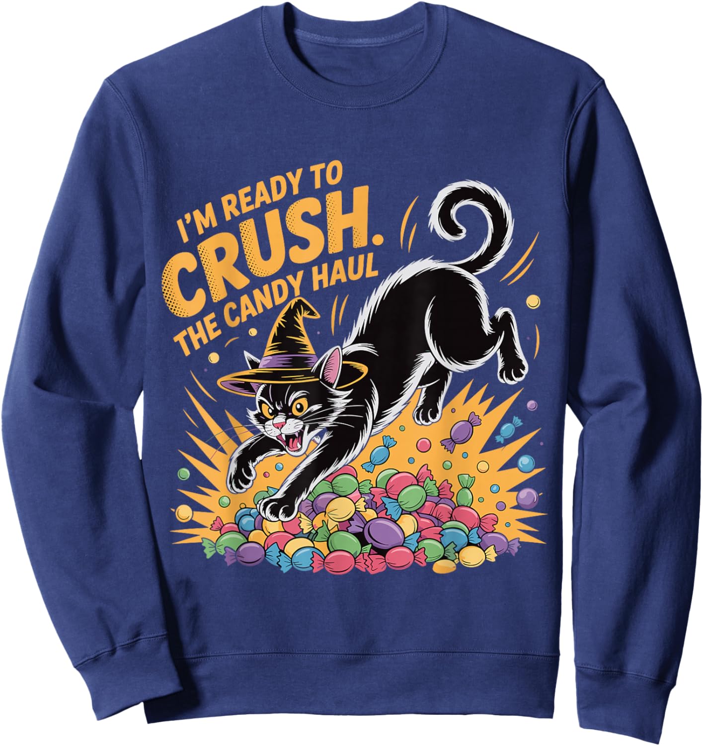 Crush The Candy Haul Funny Halloween Black Cat Sweatshirt - Sweatshirt | Navy