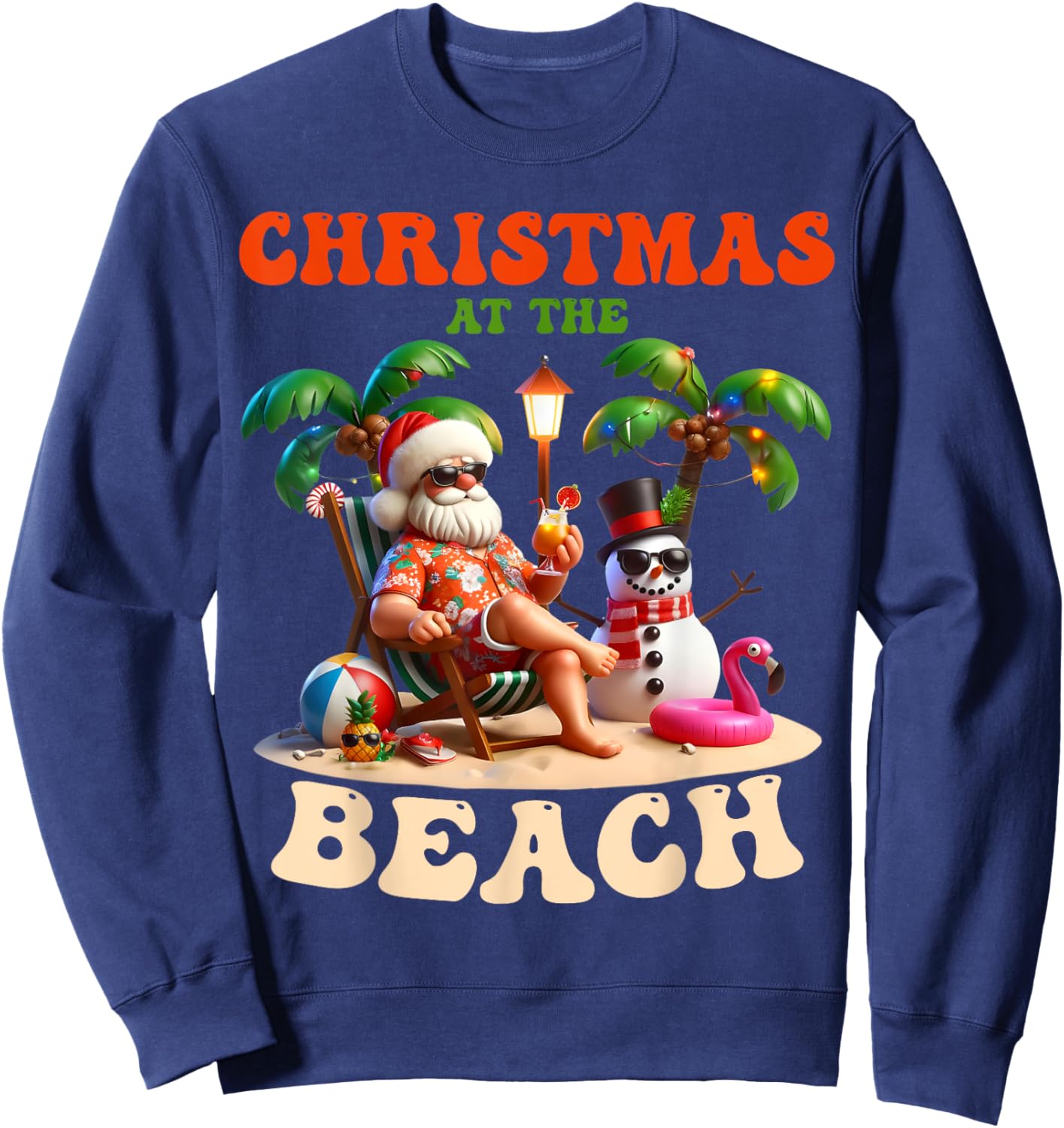 Christmas At The Beach Xmas In July Snowman Flamingo Summer Sweatshirt - Sweatshirt | Navy