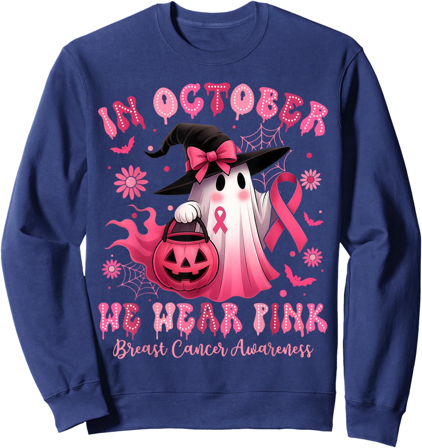 in October We Wear Pink Breast Cancer Awareness Halloween Sweatshirt - Sweatshirt | Navy