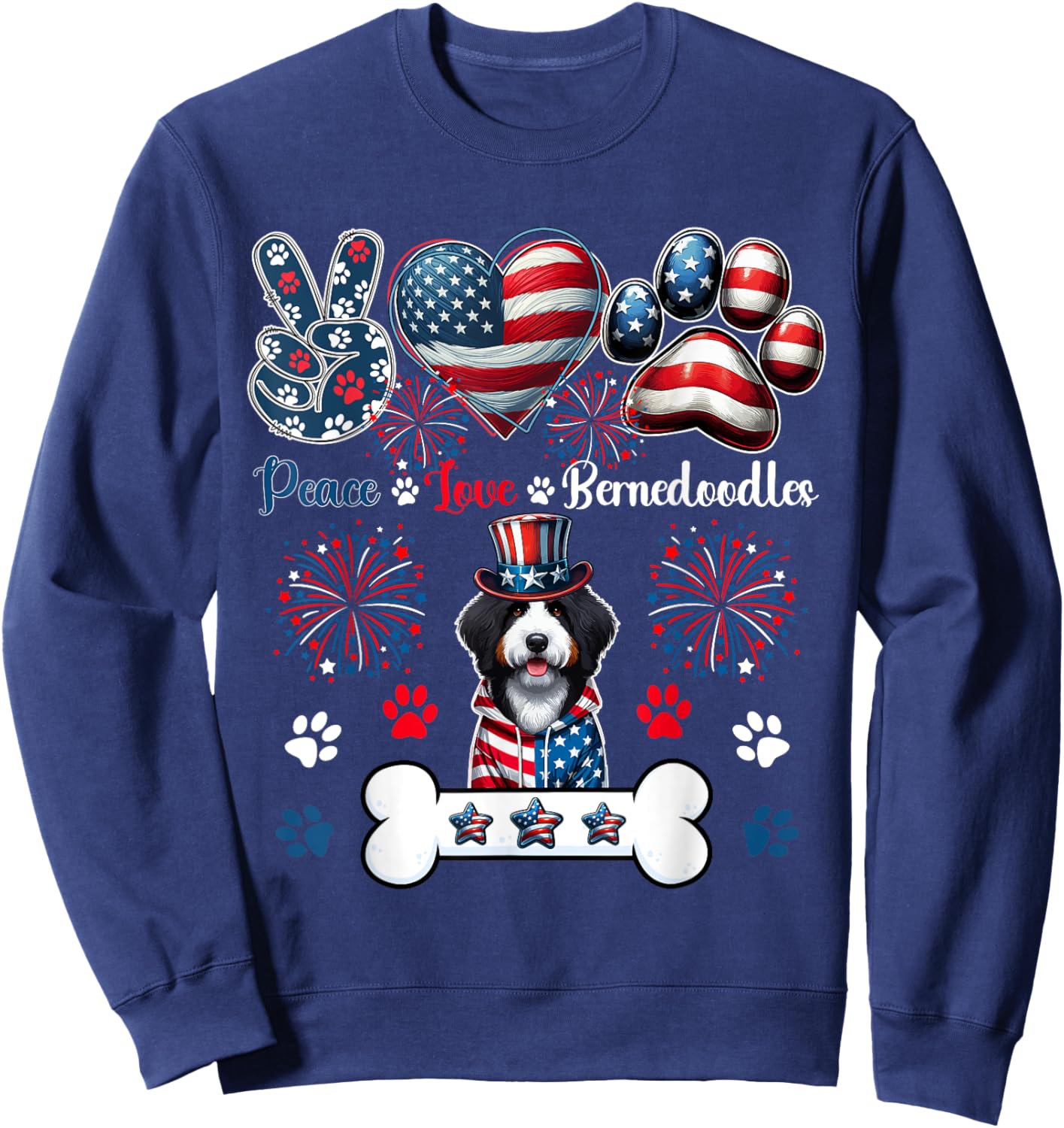Peace Love Bernedoodles 4th Of July Owner Lover Patriotic Sweatshirt - Sweatshirt | Navy
