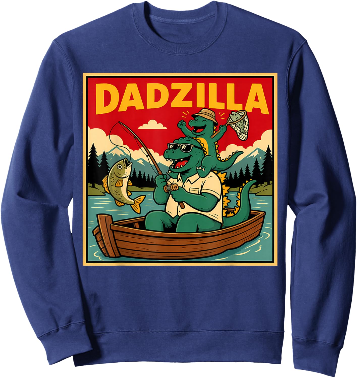 Dadzilla Fishing Dinosaur Father and Son Retro Sweatshirt - Sweatshirt | Navy