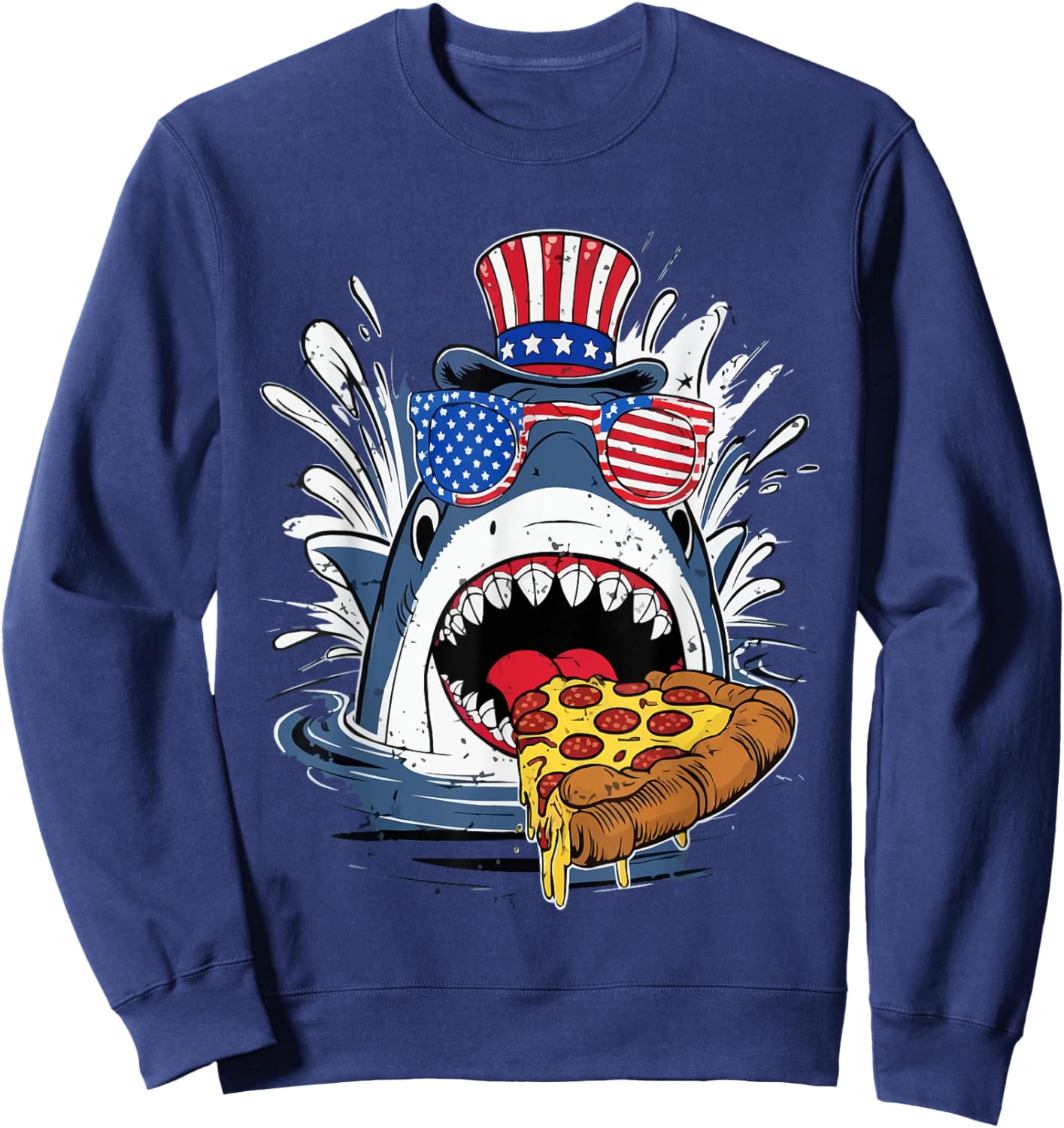 funny Shark Eating Pizza 4th of july shark glasses usa flag Kids Men Sweatshirt - Sweatshirt | Navy