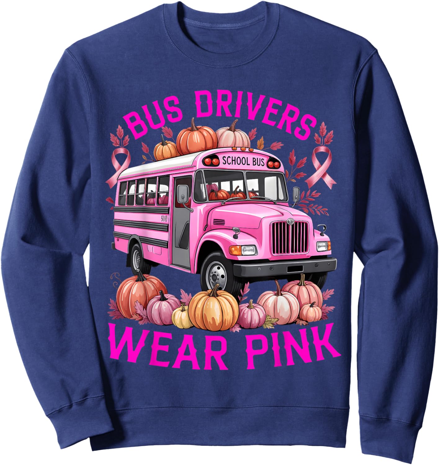 School Bus Driver Pink Ribbon Breast Cancer in October Sweatshirt - Sweatshirt | Navy