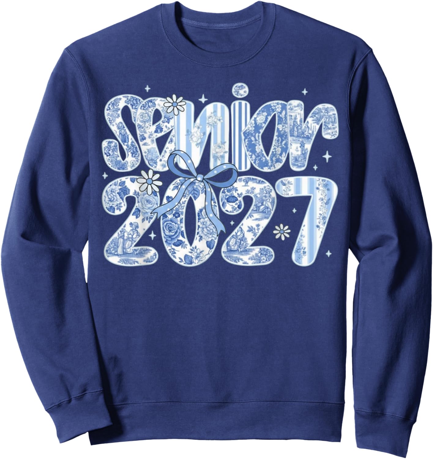 Senior 2027 Blue Toile Floral Coquette Bow Class of Sweatshirt - Sweatshirt | Navy