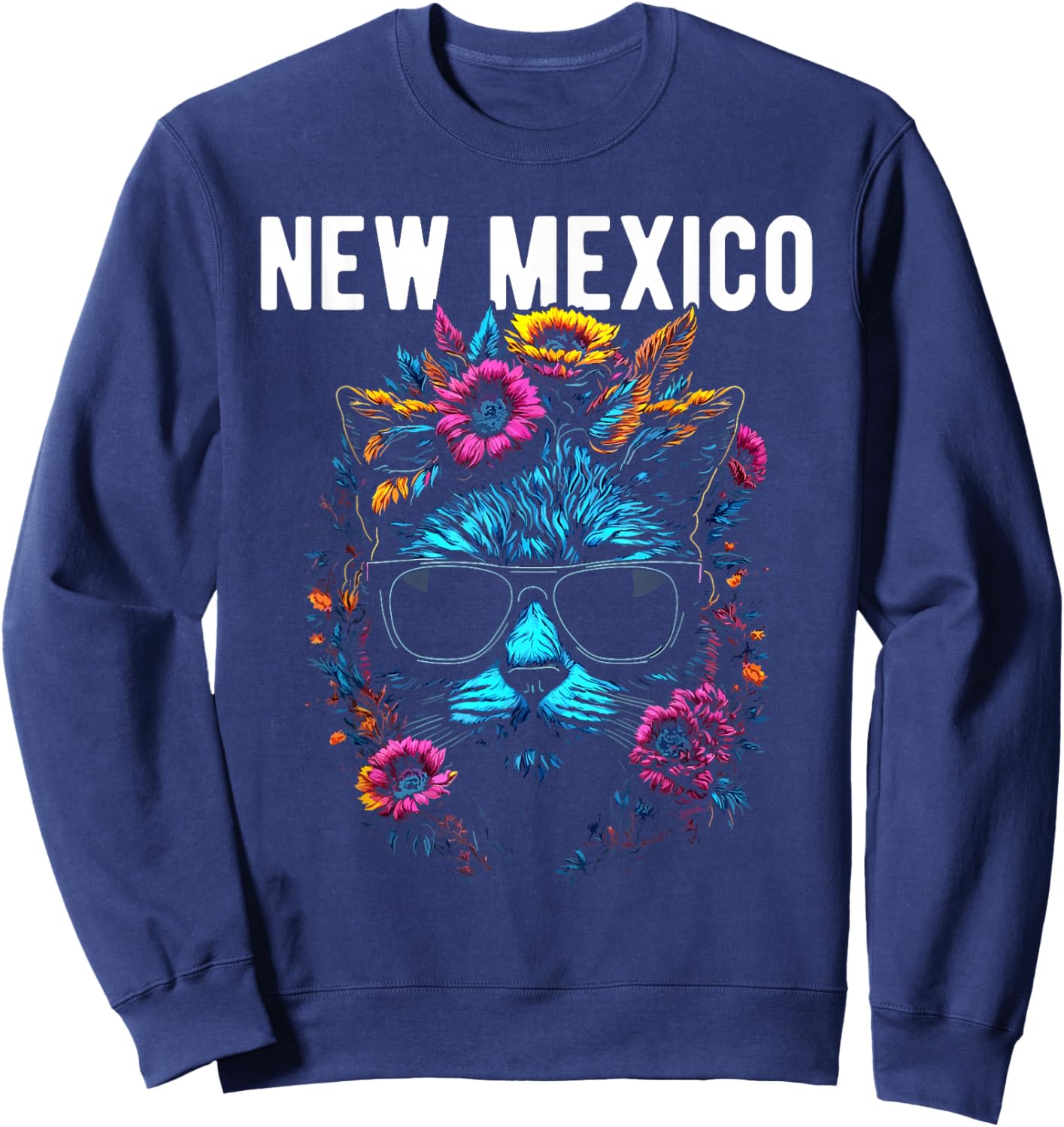 New Mexico USA Cat Wearing Sunglasses and Flowers Design Sweatshirt - Sweatshirt | Navy