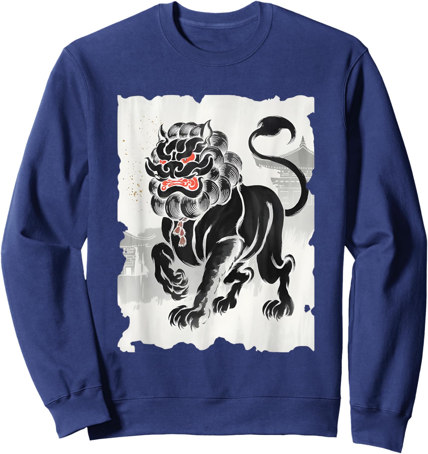 Komainu Sumi-e Graphic - Vintage Japanese Art Lion-Dog Sweatshirt - Sweatshirt | Navy