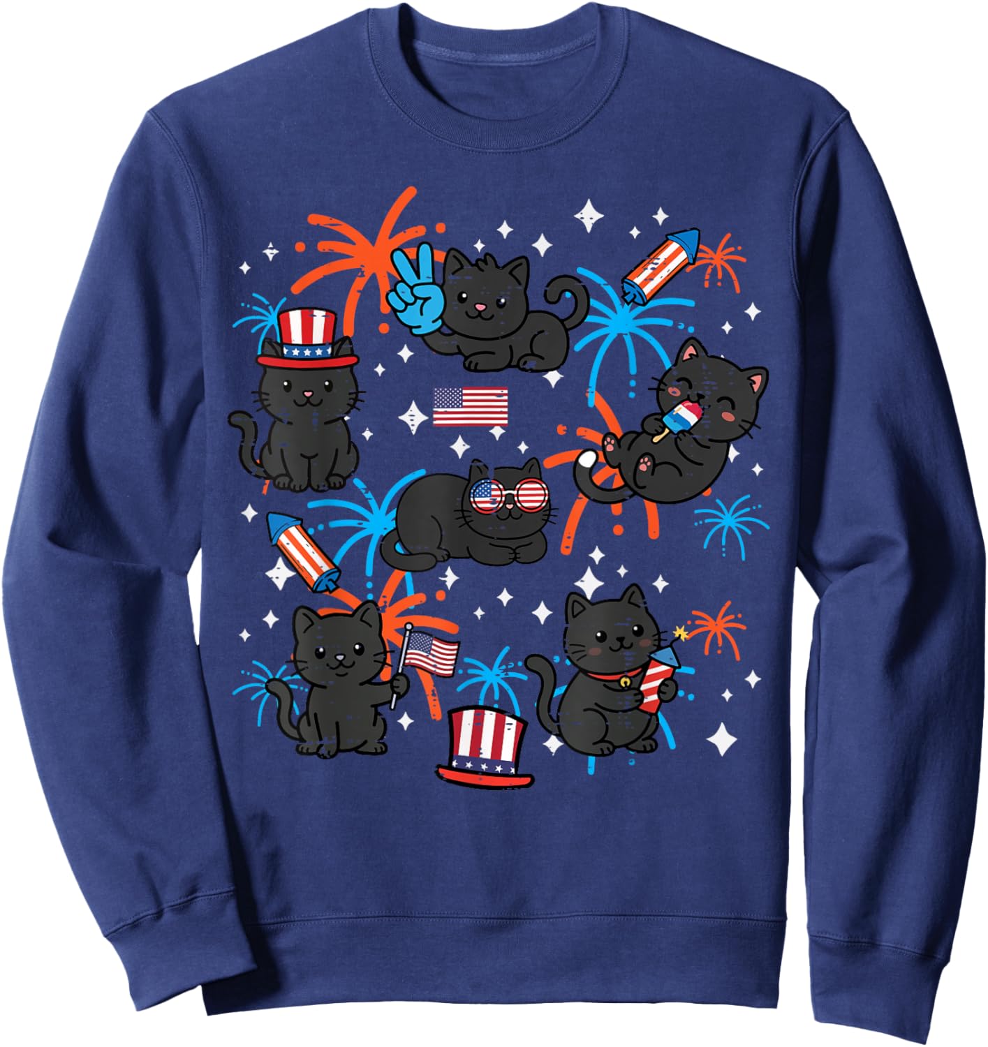 4th of July Black Cats Cute Kitten Patriotic Girl Kids Women Sweatshirt - Sweatshirt | Navy