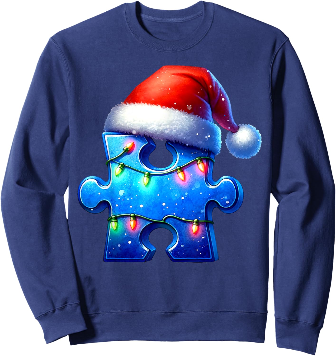 Puzzle Piece Santa Hat Autism Awareness Autistic Christmas Sweatshirt - Sweatshirt | Navy