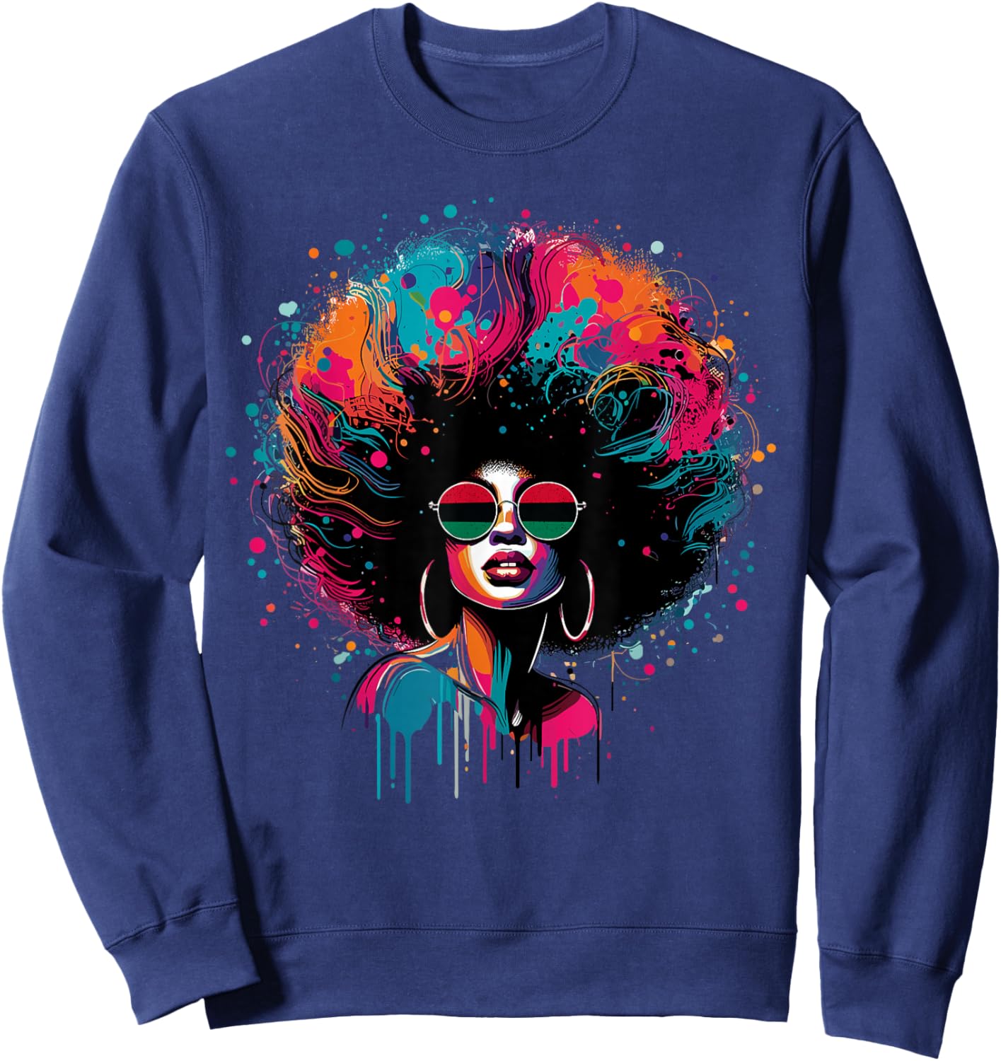 Colorful Art Black Queen Afro Melanin Dripping Juneteenth Sweatshirt - Sweatshirt | Navy